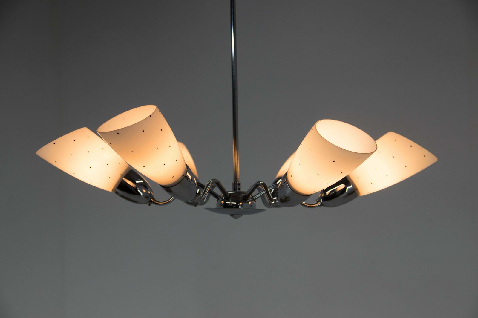 Mid Century Chrome Plated 6 Flamming Chandelier By Instala Decin, 1950s photo for sale