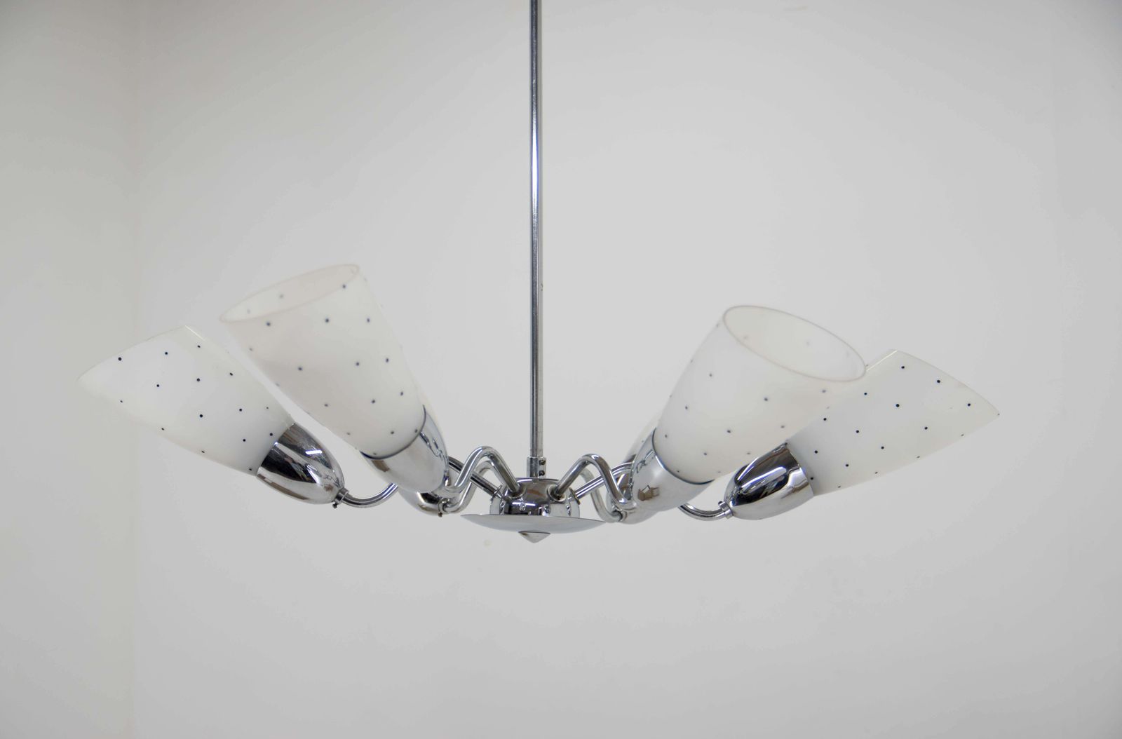 Mid Century Chrome Plated 6 Flamming Chandelier By Instala Decin, 1950s photo Lighting