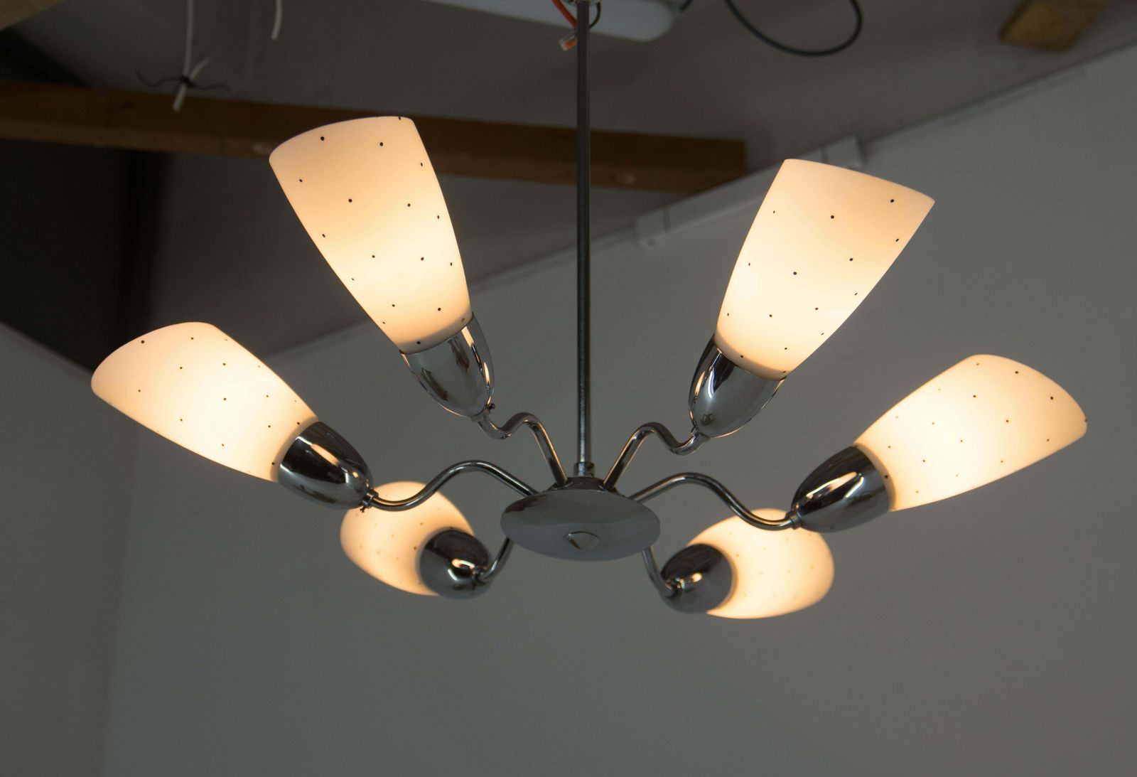 Mid Century Chrome Plated 6 Flamming Chandelier By Instala Decin, 1950s photo buy