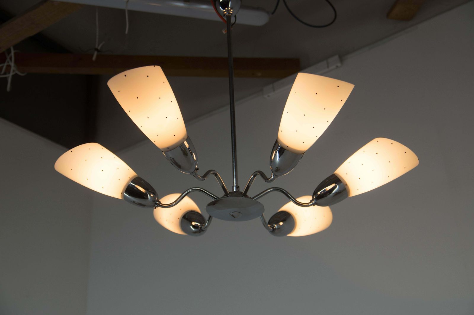595.0 Mid Century Chrome Plated 6 Flamming Chandelier By Instala Decin, 1950s photo