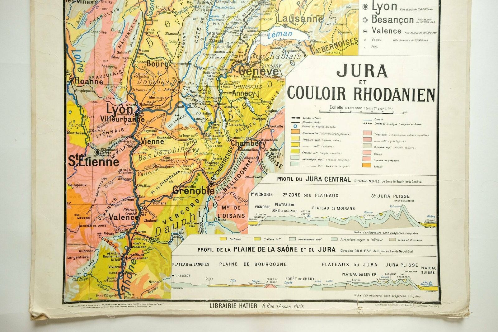 Original 1950s Large Vintage French Educational School Wall Chart Jura Double Sided Map Beautiful Rare Paul Kaeppelin Lyon Geneva Grenoble photo furniture