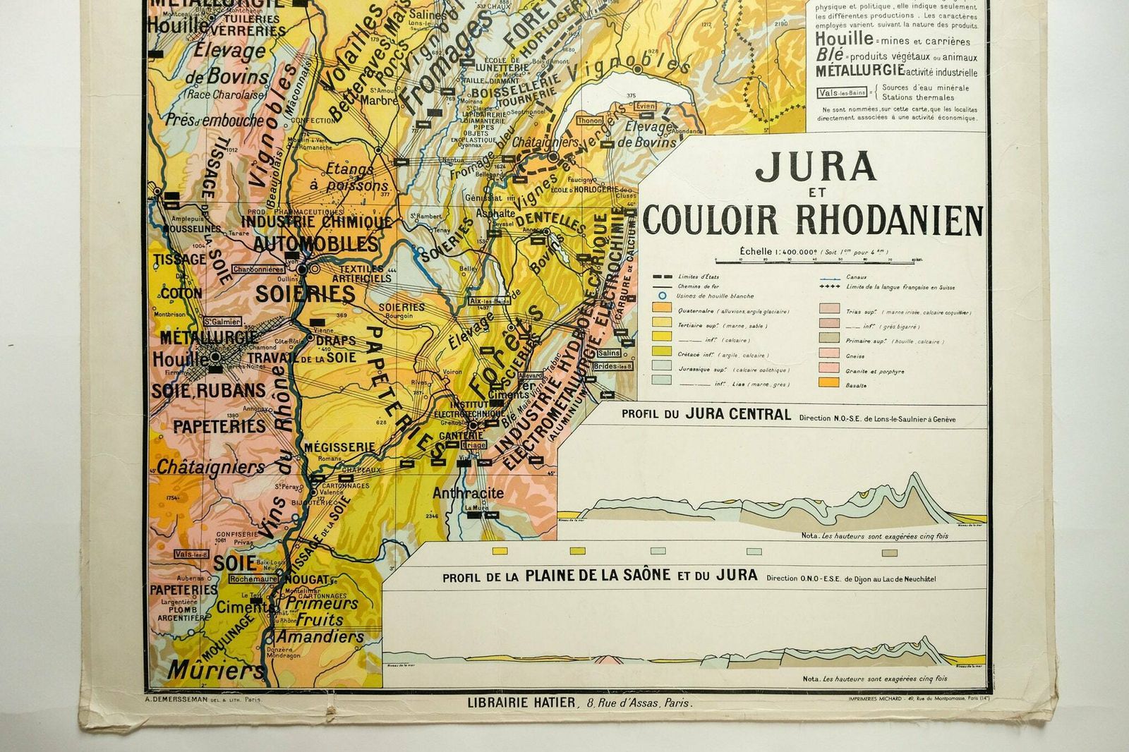 Original 1950s Large Vintage French Educational School Wall Chart Jura Double Sided Map Beautiful Rare Paul Kaeppelin Lyon Geneva Grenoble photo vinterior