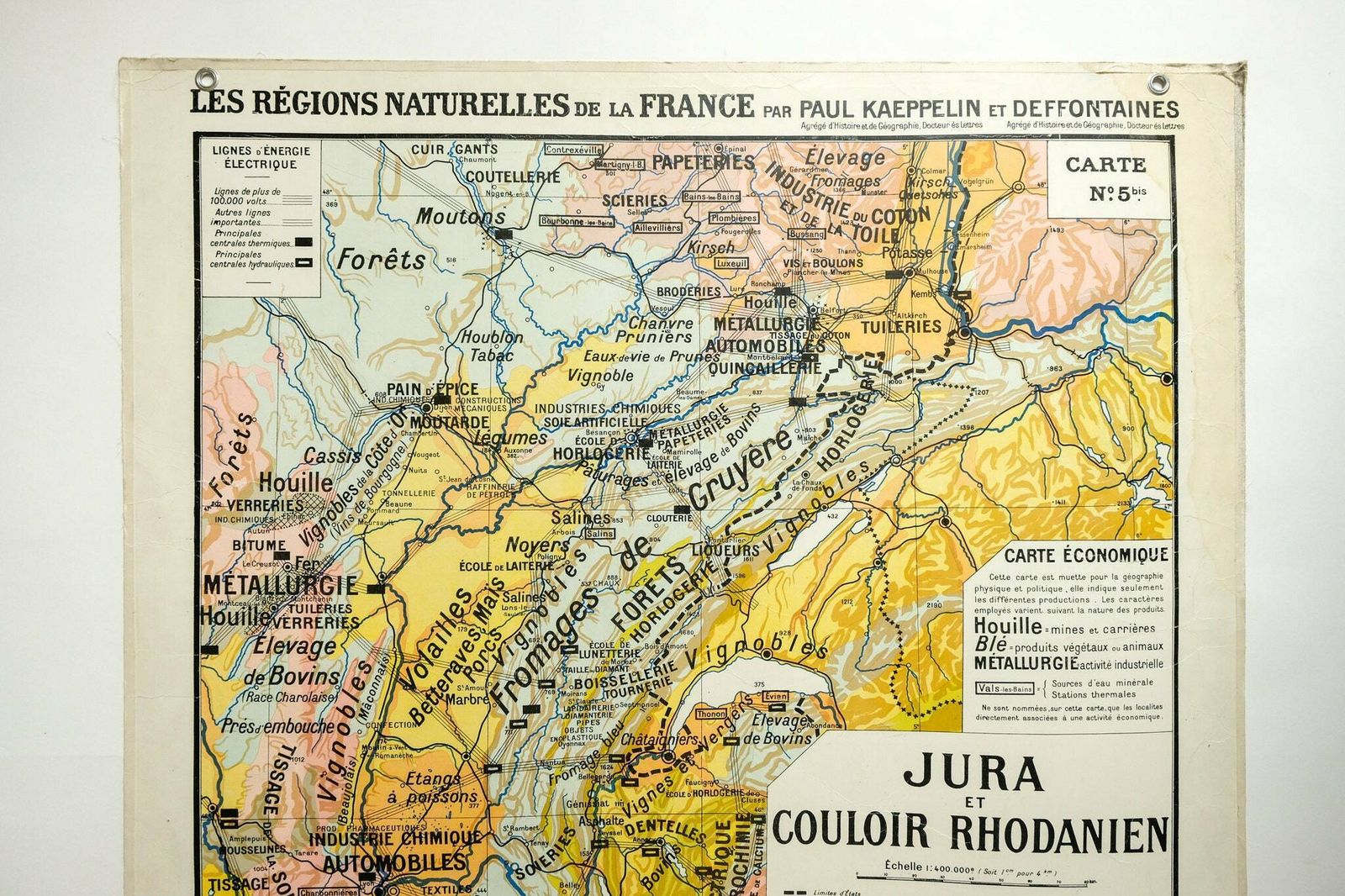 Original 1950s Large Vintage French Educational School Wall Chart Jura Double Sided Map Beautiful Rare Paul Kaeppelin Lyon Geneva Grenoble photo buy
