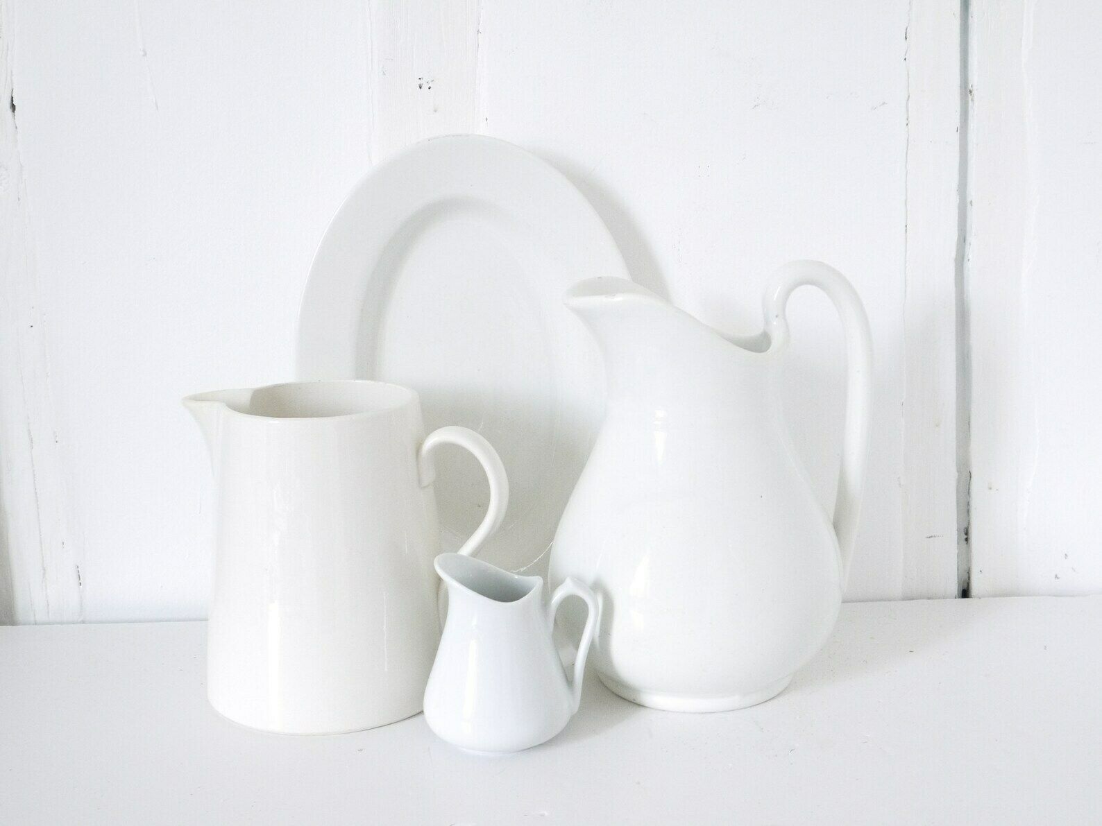 French Ironstone Pitcher White French Vintage Jug Sarreguemines French Server, French Tabletop photo for sale