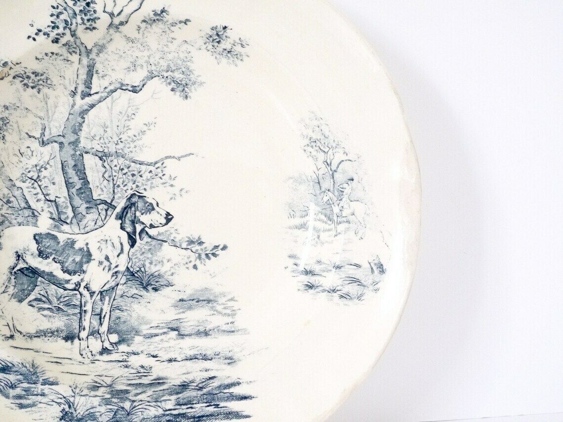 French Vintage Blue And White Plate Ironstone Hunting Dog Staffordshire Flow Blue Delph Blue Blue Willow Large 12 Inches photo furniture
