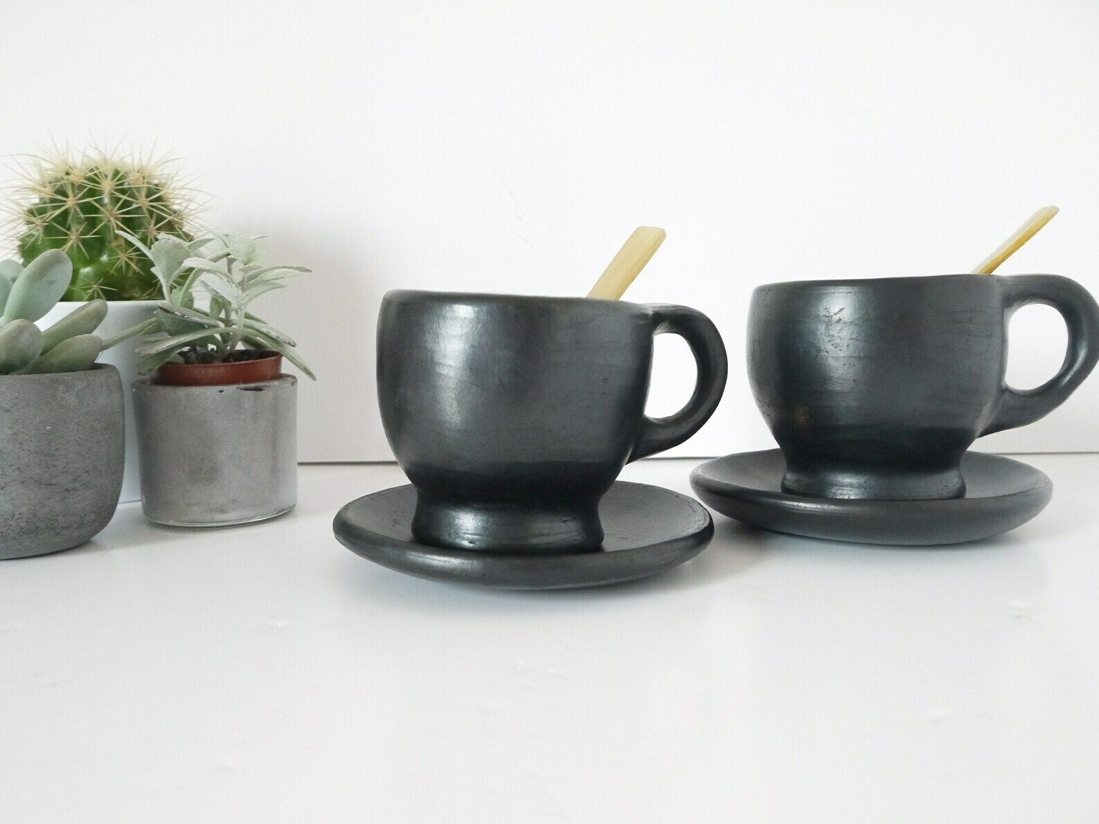 French Vintage Rustic Black Terra Cotta Coffee Cups With Saucers Handmade photo furniture