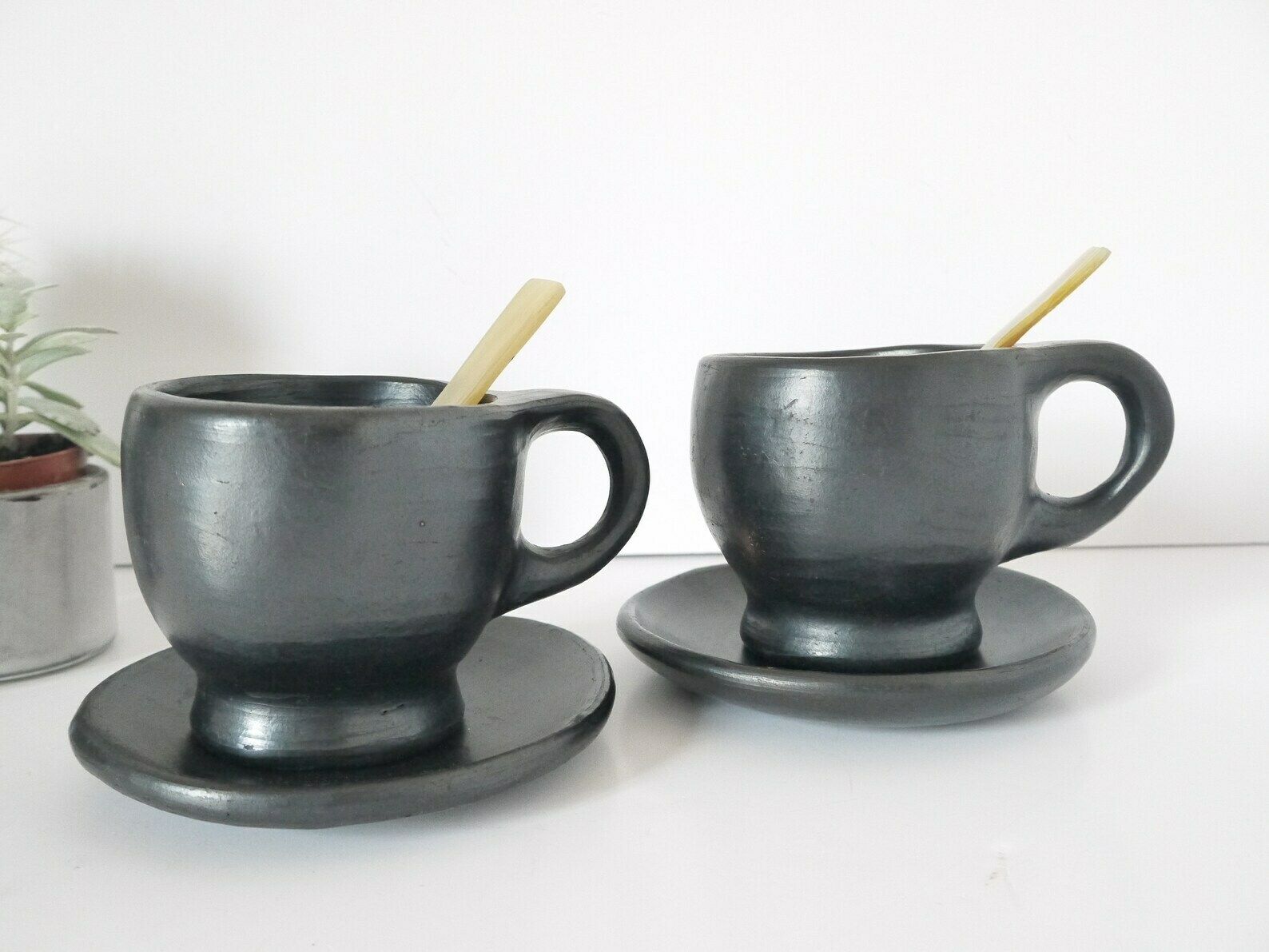 French Vintage Rustic Black Terra Cotta Coffee Cups With Saucers Handmade photo for sale