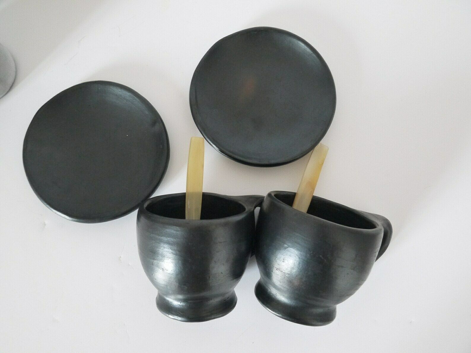 French Vintage Rustic Black Terra Cotta Coffee Cups With Saucers Handmade photo buy
