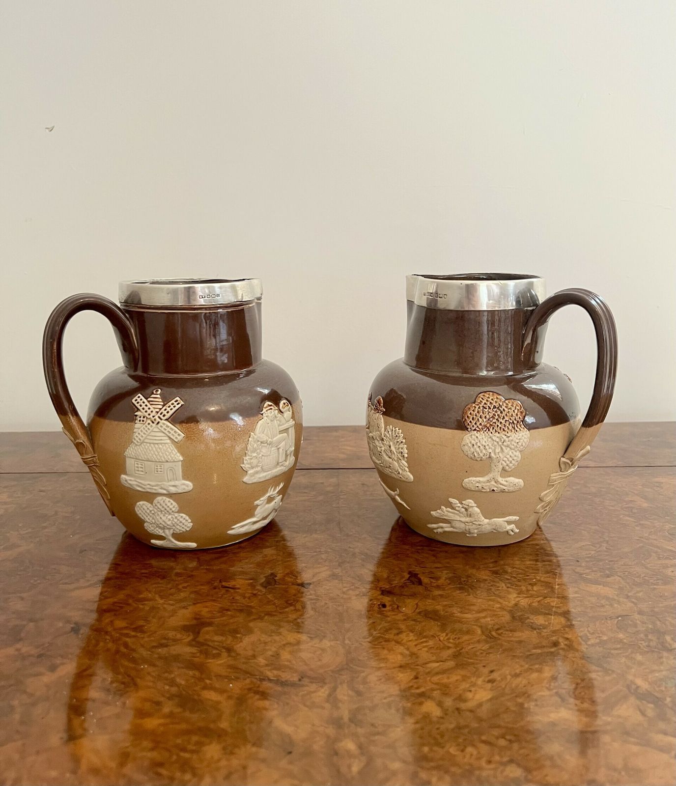 Unusual Pair Of Quality Antique Doulton Lambeth Harvest Jugs With Silver Rims photo furniture