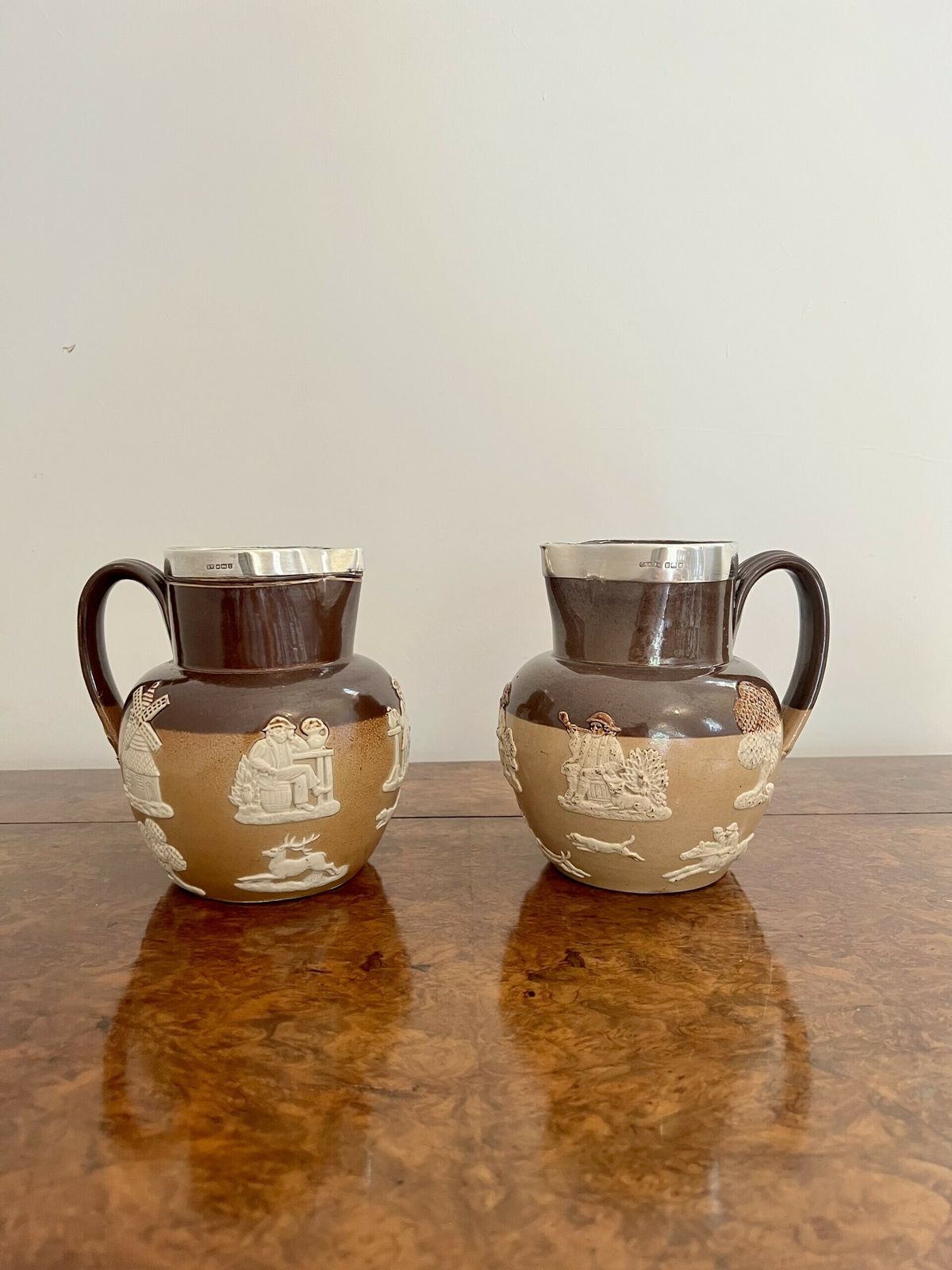 Unusual Pair Of Quality Antique Doulton Lambeth Harvest Jugs With Silver Rims