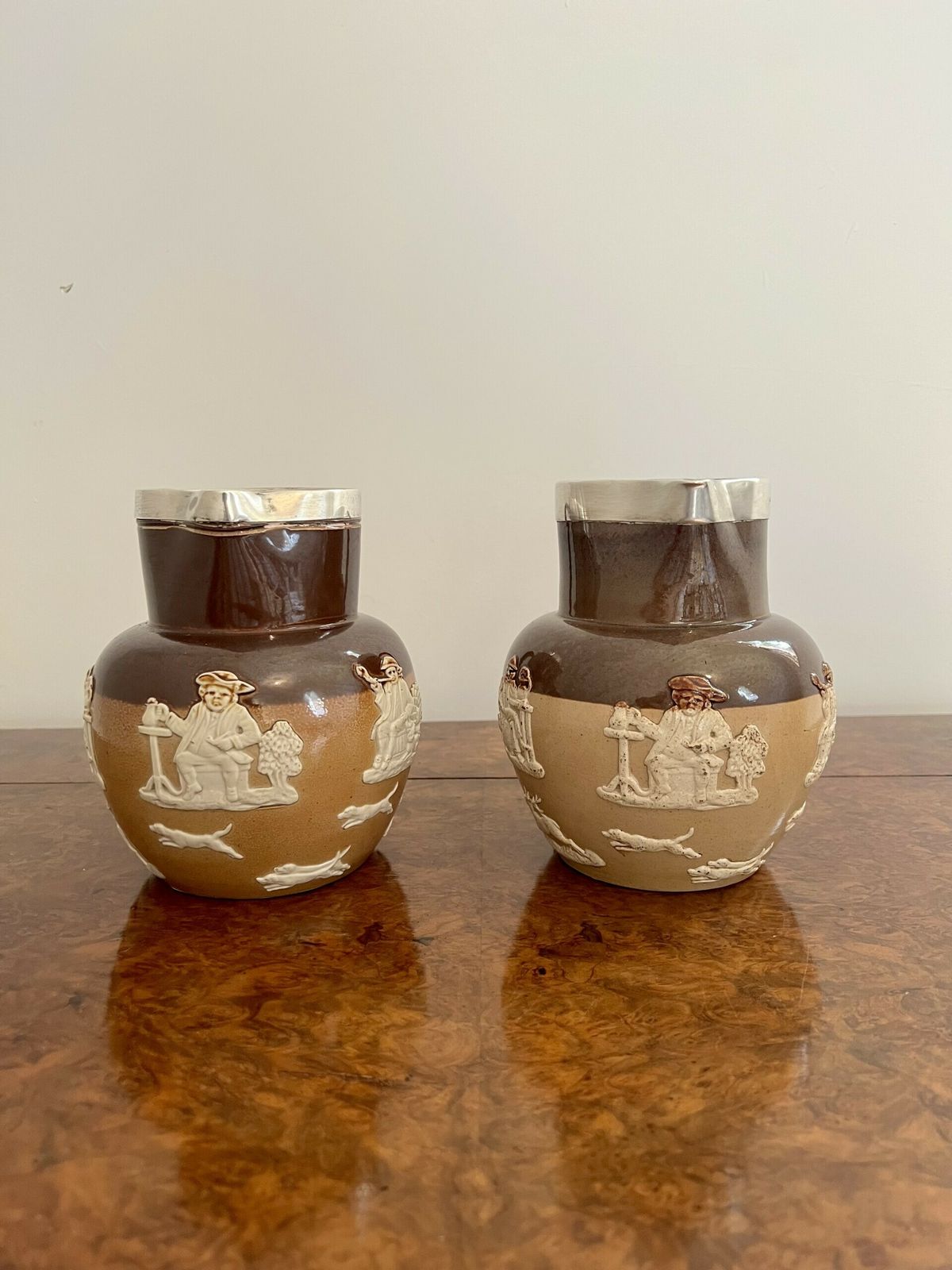 Unusual Pair Of Quality Antique Doulton Lambeth Harvest Jugs With Silver Rims photo vinterior