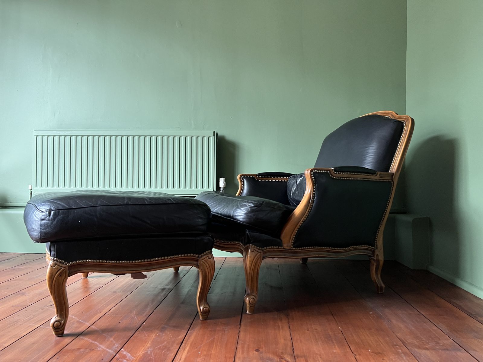 French Antique Chaise Lounge, Duchesse Brisée, Louis XVI Style, Hand Carved 2 Piece, Leather, With Fire Labels photo furniture