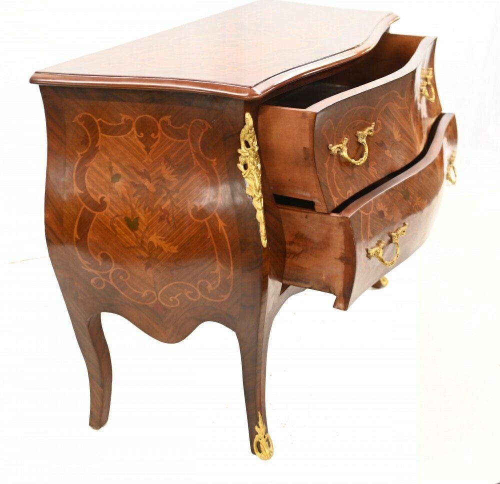 French Bombe Commode Marquetry Inlay Chest Drawers photo vintage