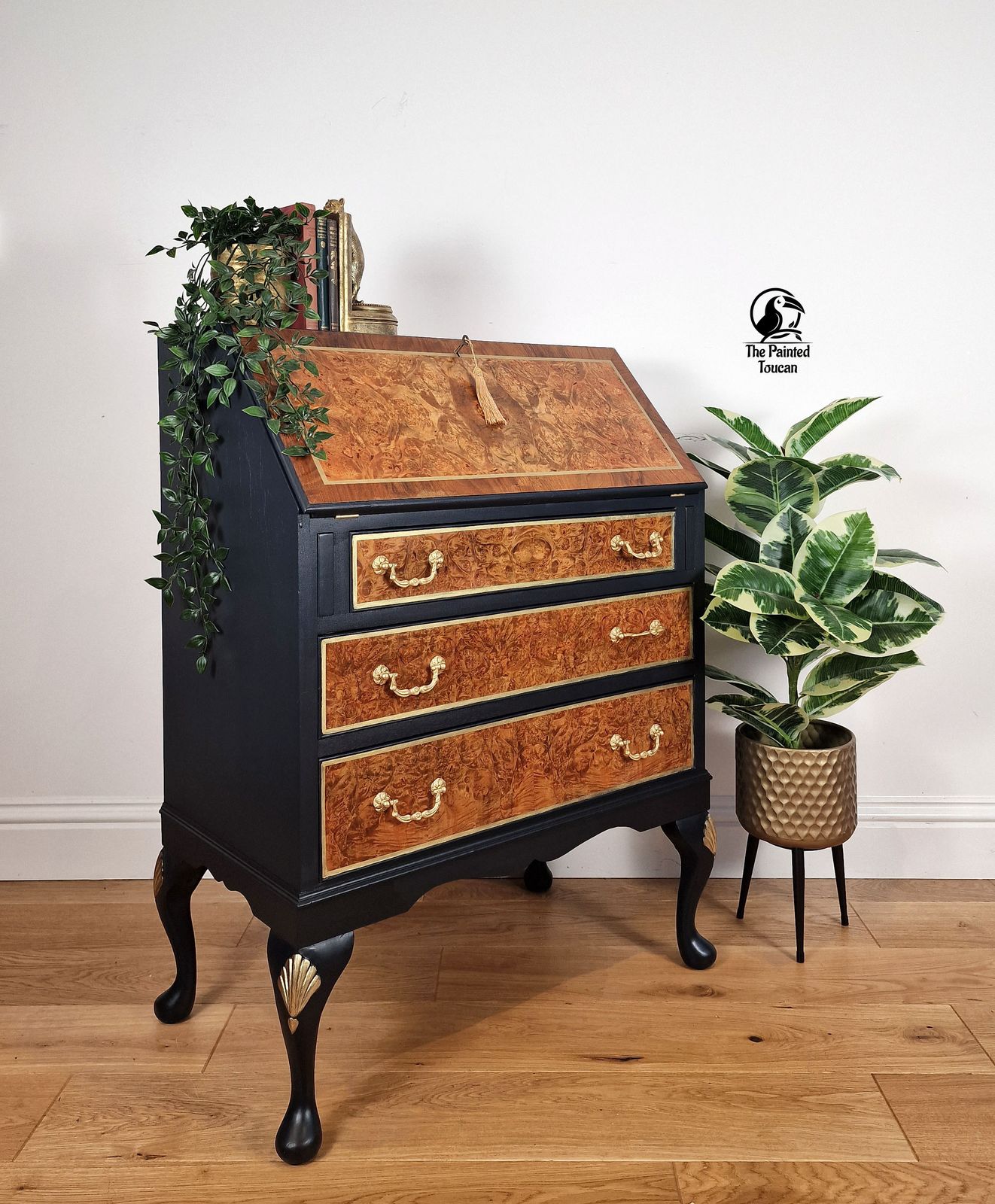 Burr Walnut Writing Desk Bureau, Dark Blue And Gold Custom Order photo Furniture