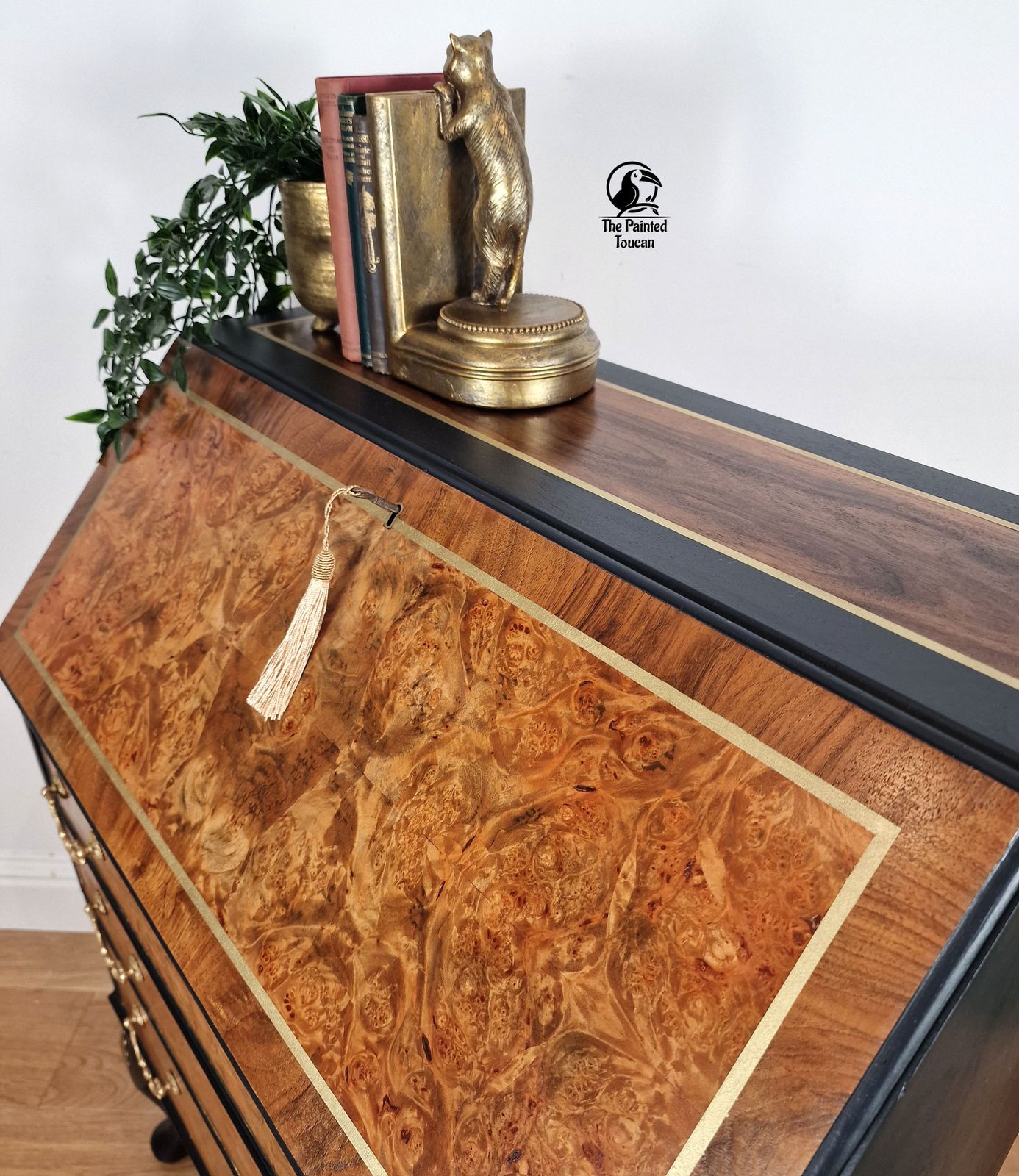 Burr Walnut Writing Desk Bureau, Dark Blue And Gold Custom Order photo 845.0