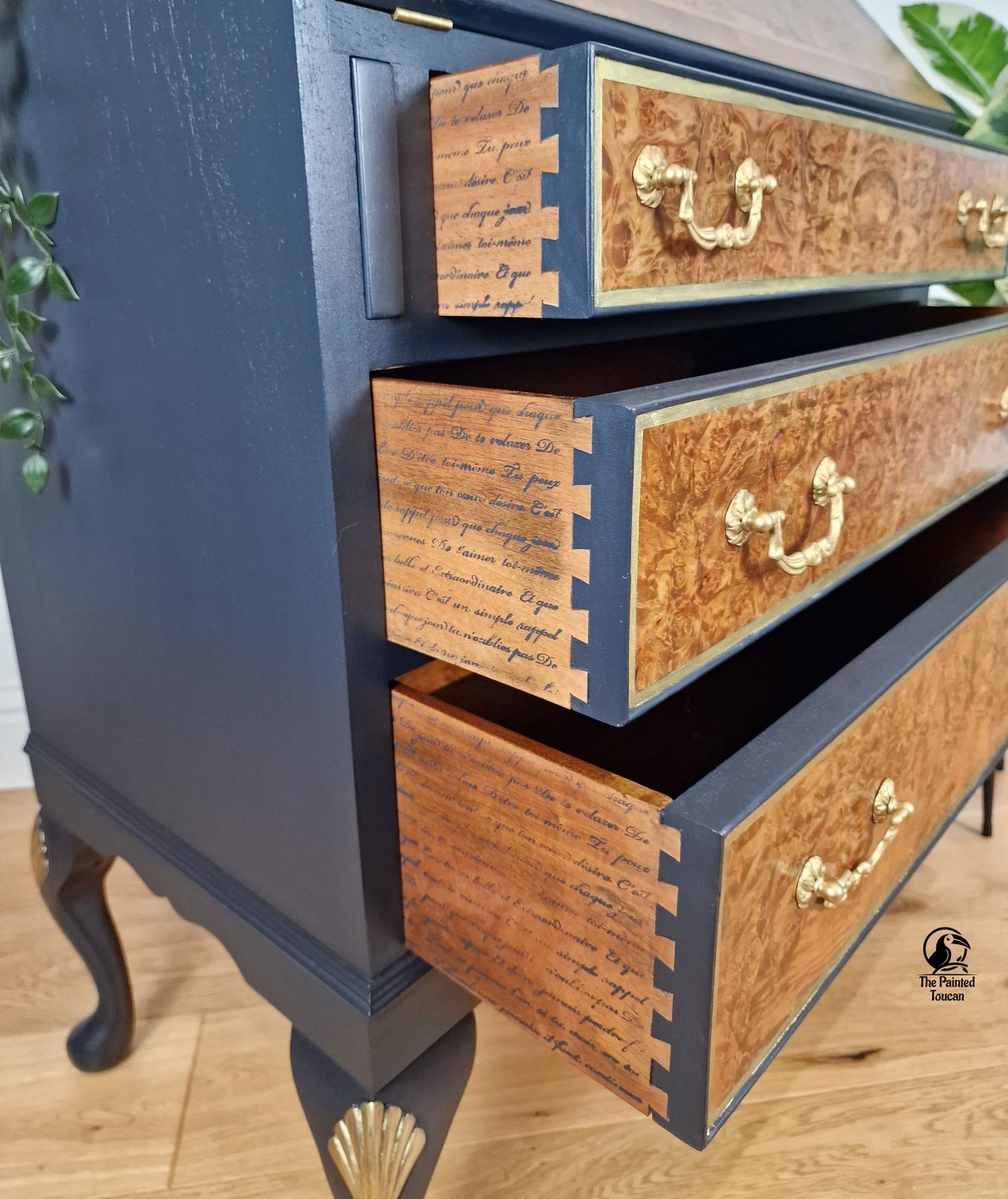 Burr Walnut Writing Desk Bureau, Dark Blue And Gold Custom Order photo vinterior