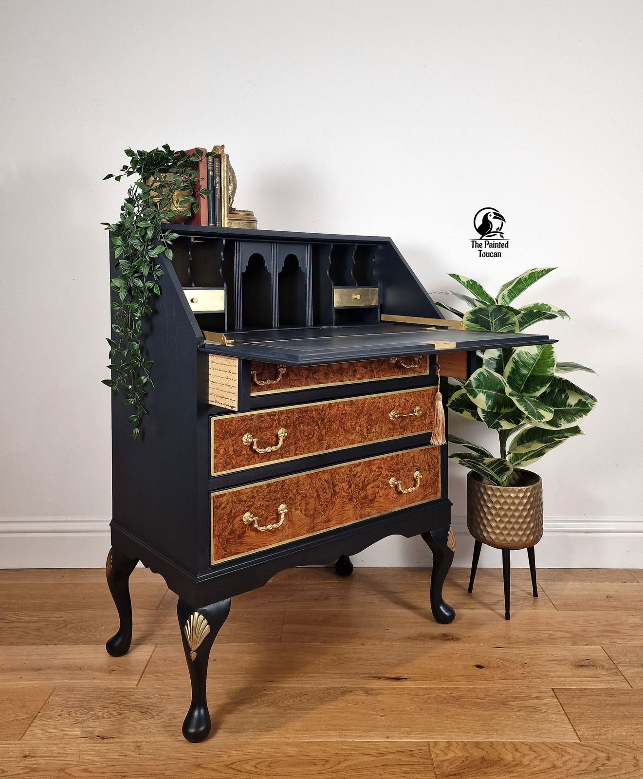 Burr Walnut Writing Desk Bureau, Dark Blue And Gold Custom Order photo vintage
