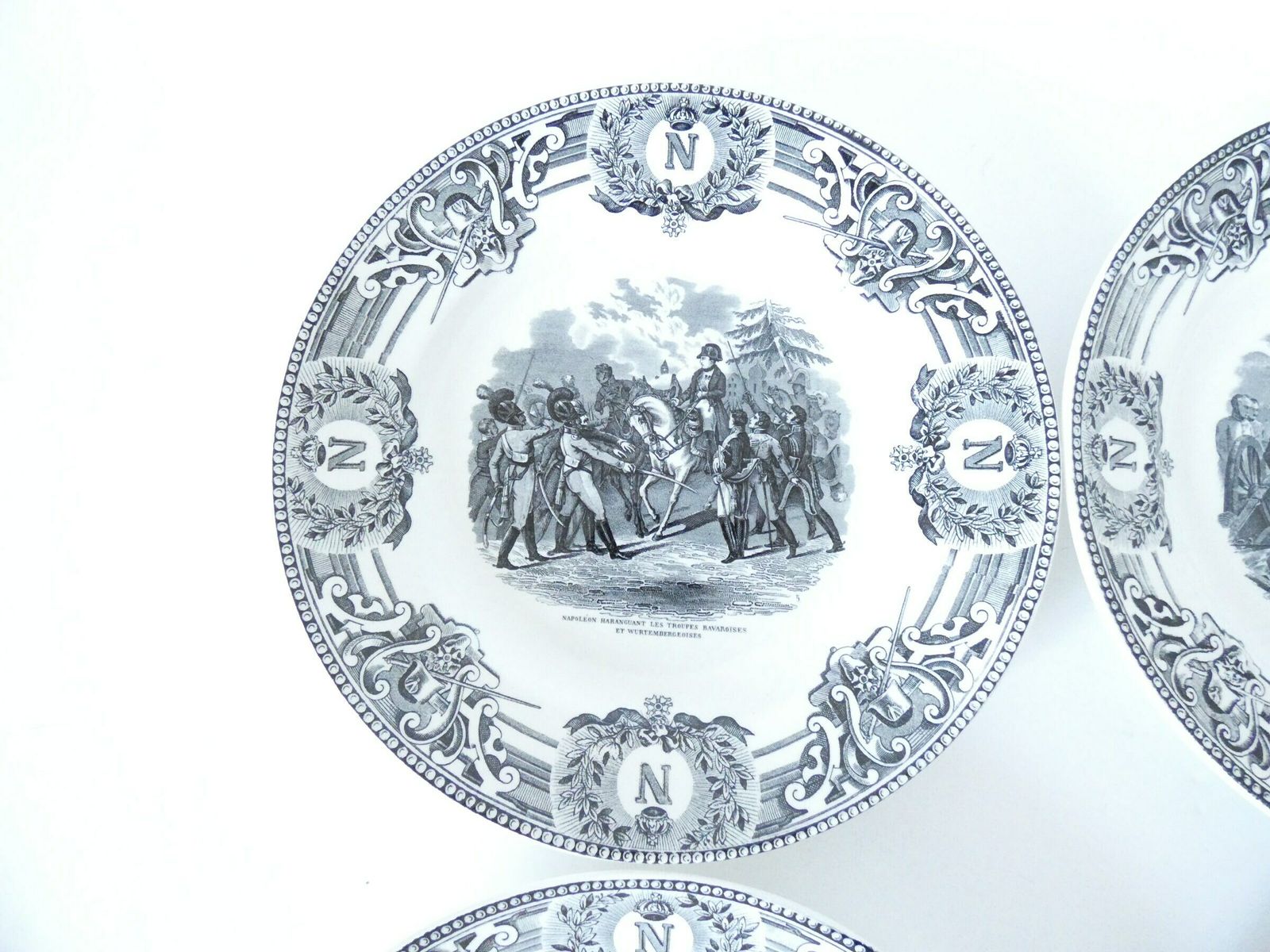Antique Transfer Ware Plates Ironstone Black White Creil Plates, 19c Set Of Six Napoleon Bonaparte Theme photo buy