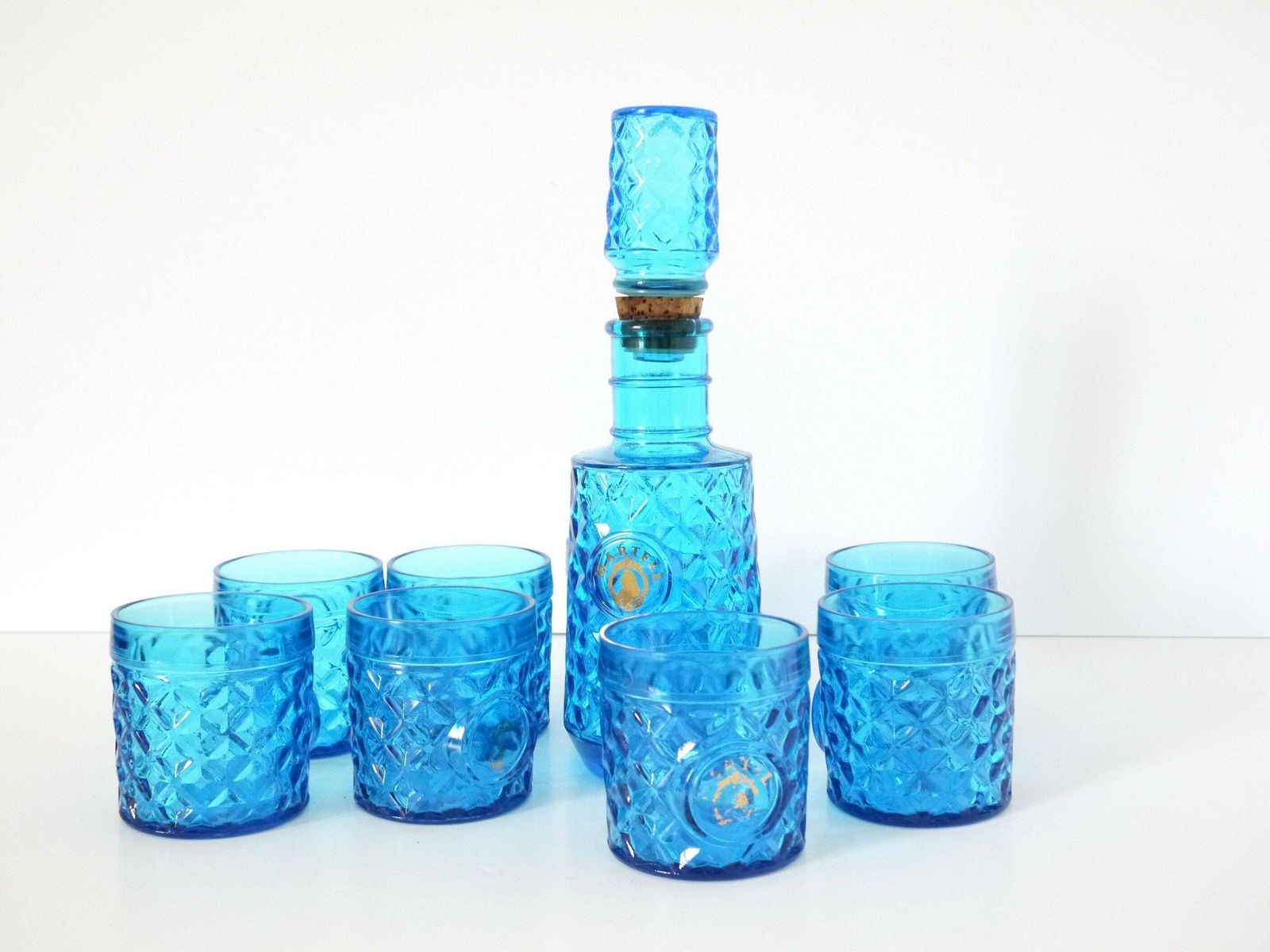French Vintage Blue Glass Decanter Set With Glasses 8 Martel Liquor photo furniture