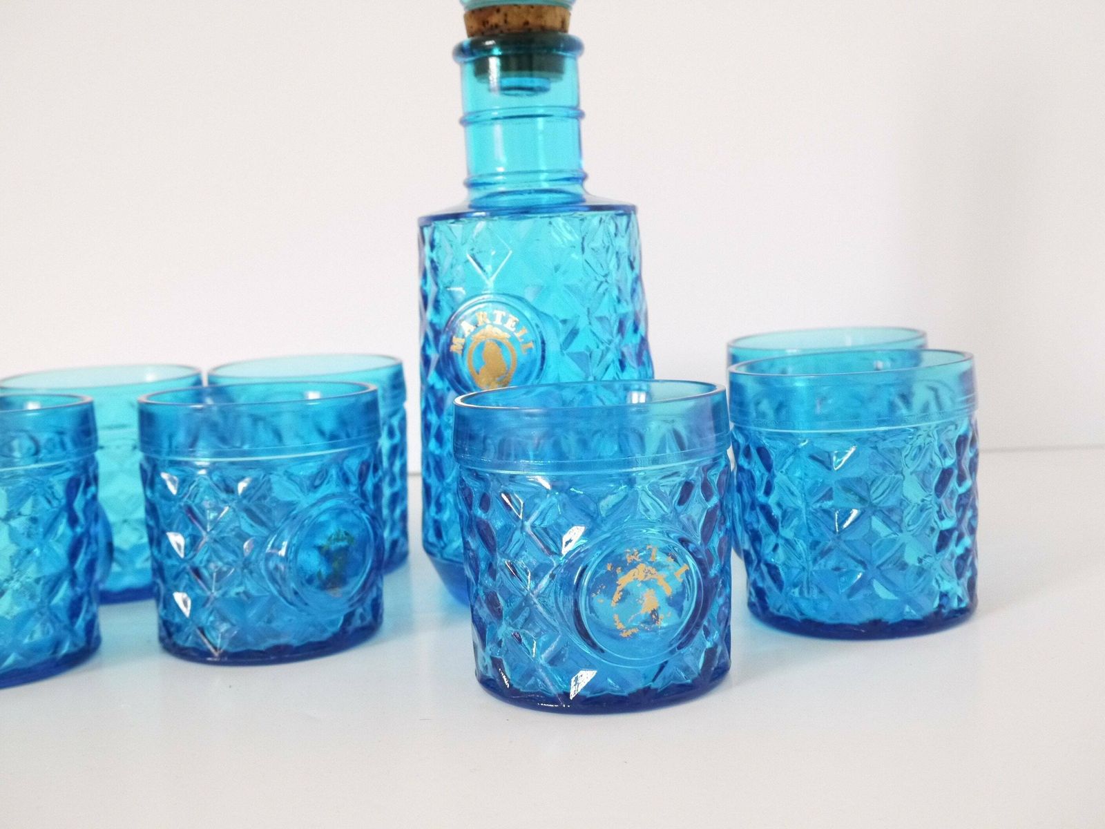 French Vintage Blue Glass Decanter Set With Glasses 8 Martel Liquor photo Home Decor