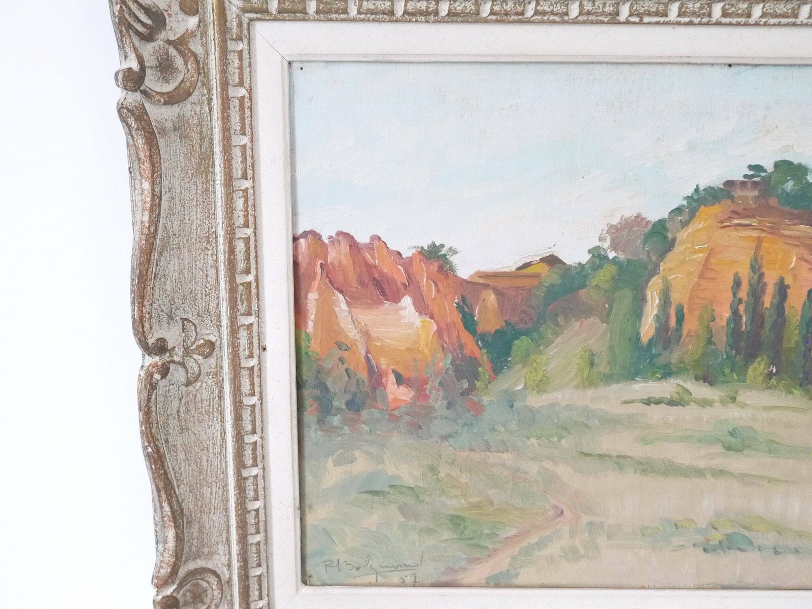 French Vintage Mountain Landscape Oil Painting Framed & Signed photo for sale