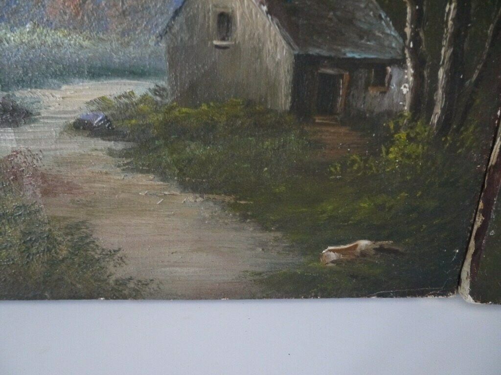 French Vintage Set Of 2 Two Oil Paintings Of A Countryside Windmill And House Landscape photo vintage