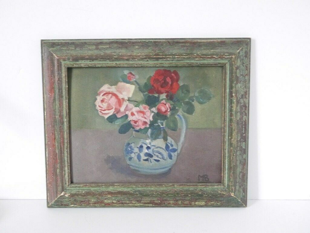 French Vintage Floral Red And Pink Roses Still Life Signed photo furniture