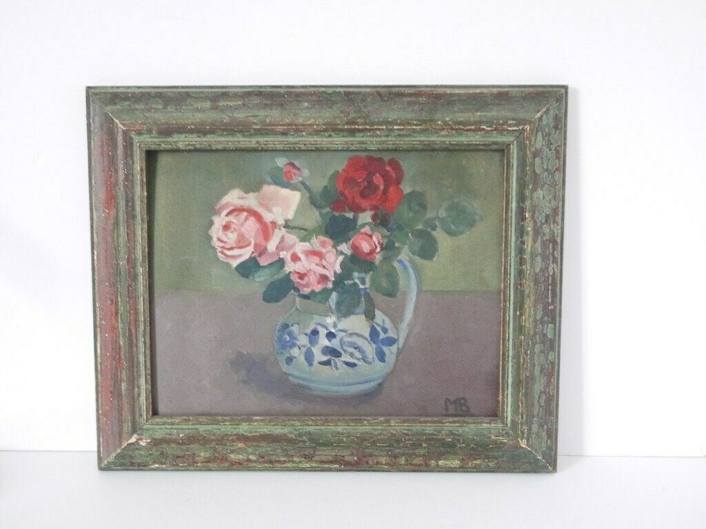 French Vintage Floral Red And Pink Roses Still Life Signed photo for sale