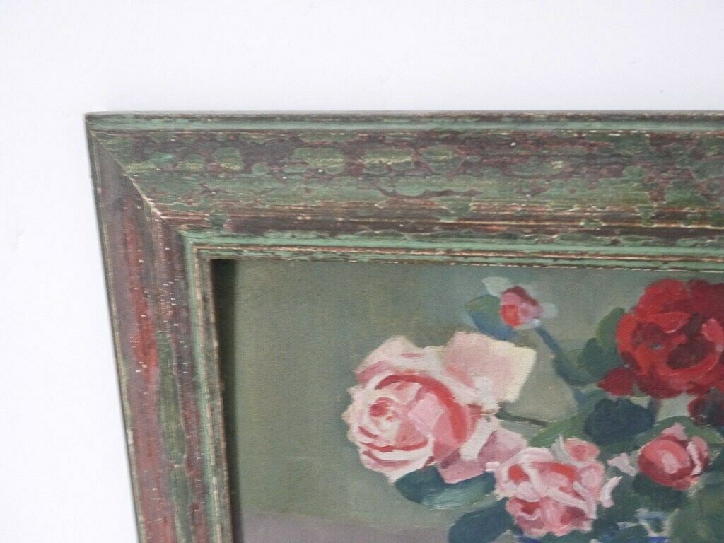 French Vintage Floral Red And Pink Roses Still Life Signed photo vinterior