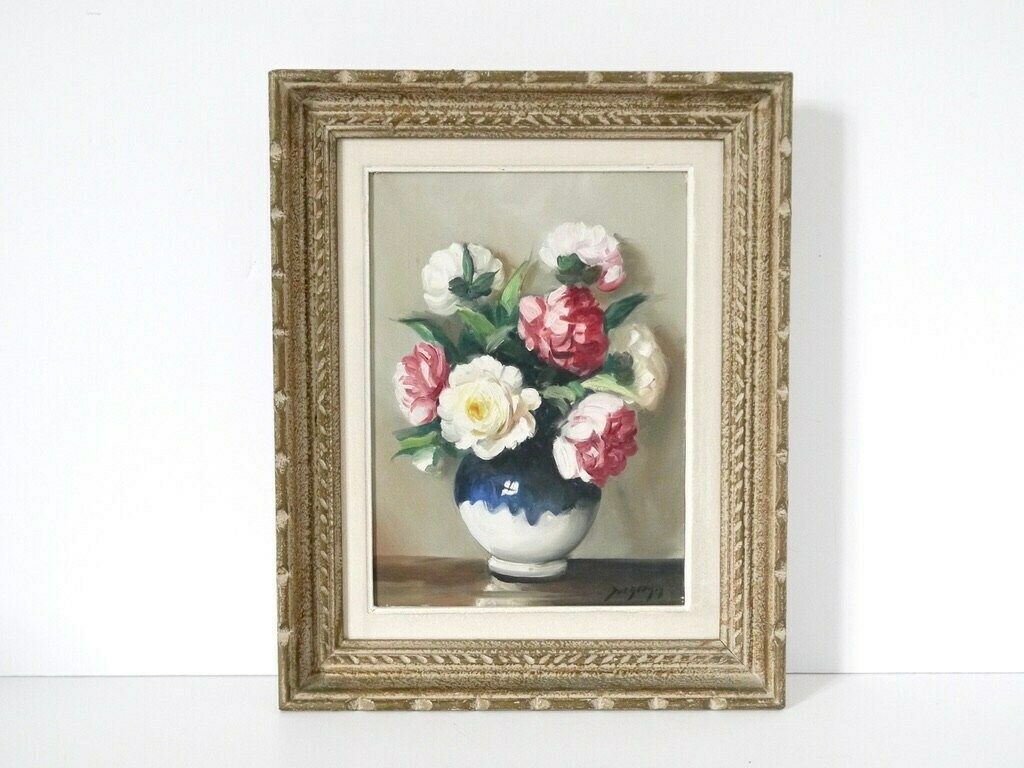 French Vintage Floral White And Pink Roses Still Life Signed