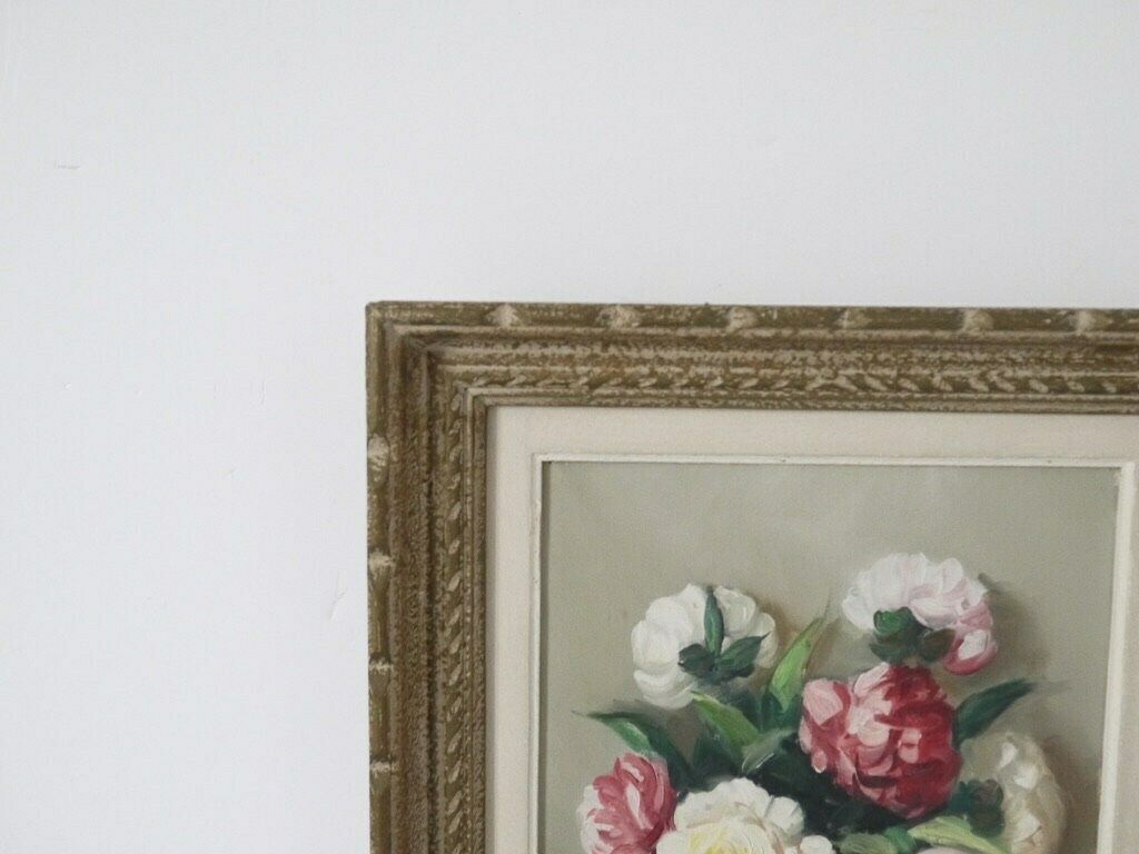 French Vintage Floral White And Pink Roses Still Life Signed photo furniture