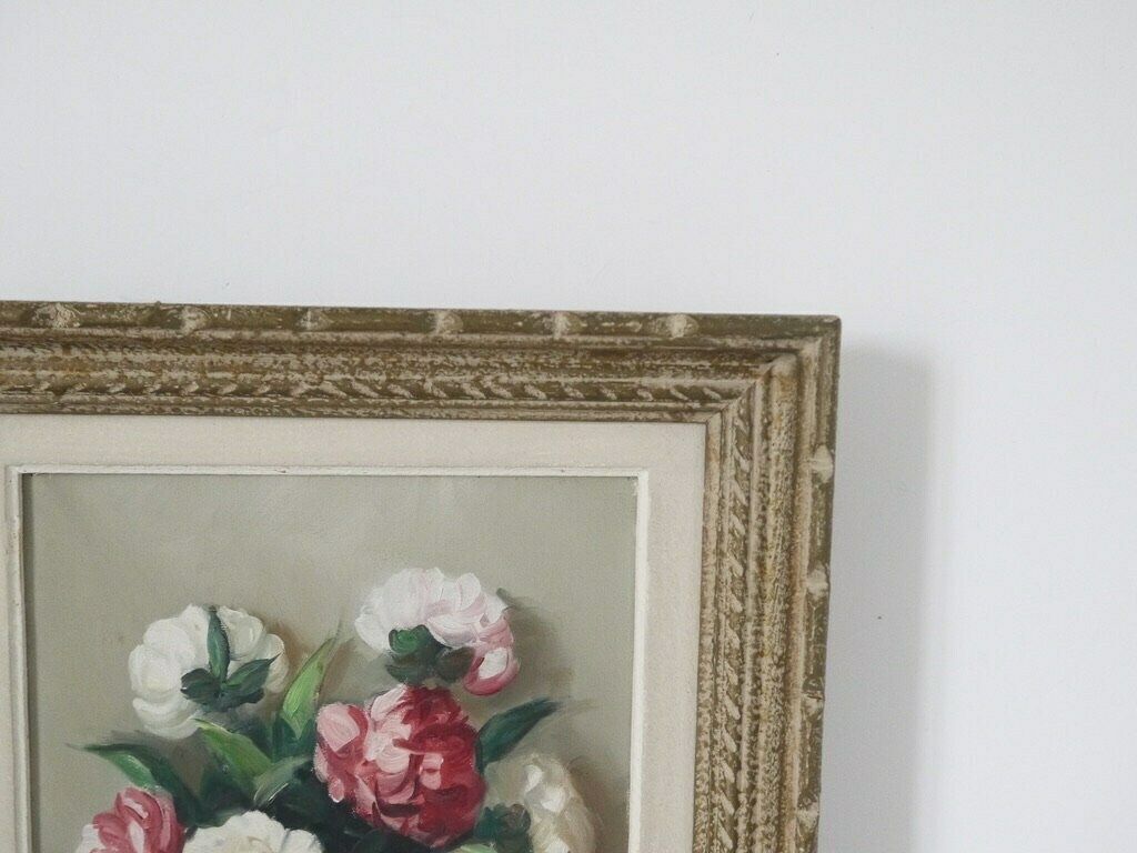 French Vintage Floral White And Pink Roses Still Life Signed photo for sale