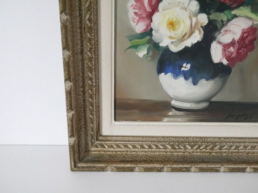 French Vintage Floral White And Pink Roses Still Life Signed photo 282.0