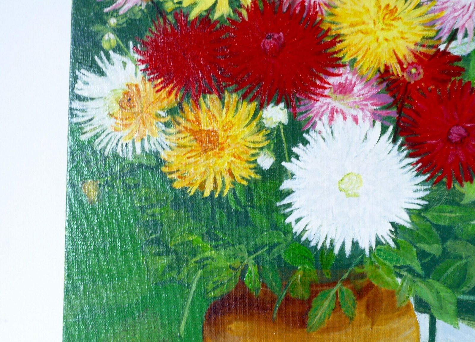 French Vintage Still Life Floral Rustic Primitive Dahlias In Vase Mid Century Signed photo vinterior