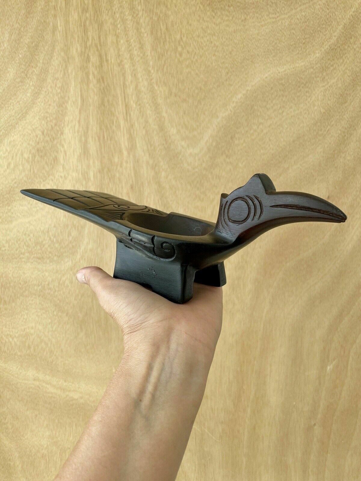 1950s Hornbill Rhinoceros Bird Hand Carved Wooden Bowl photo vintage