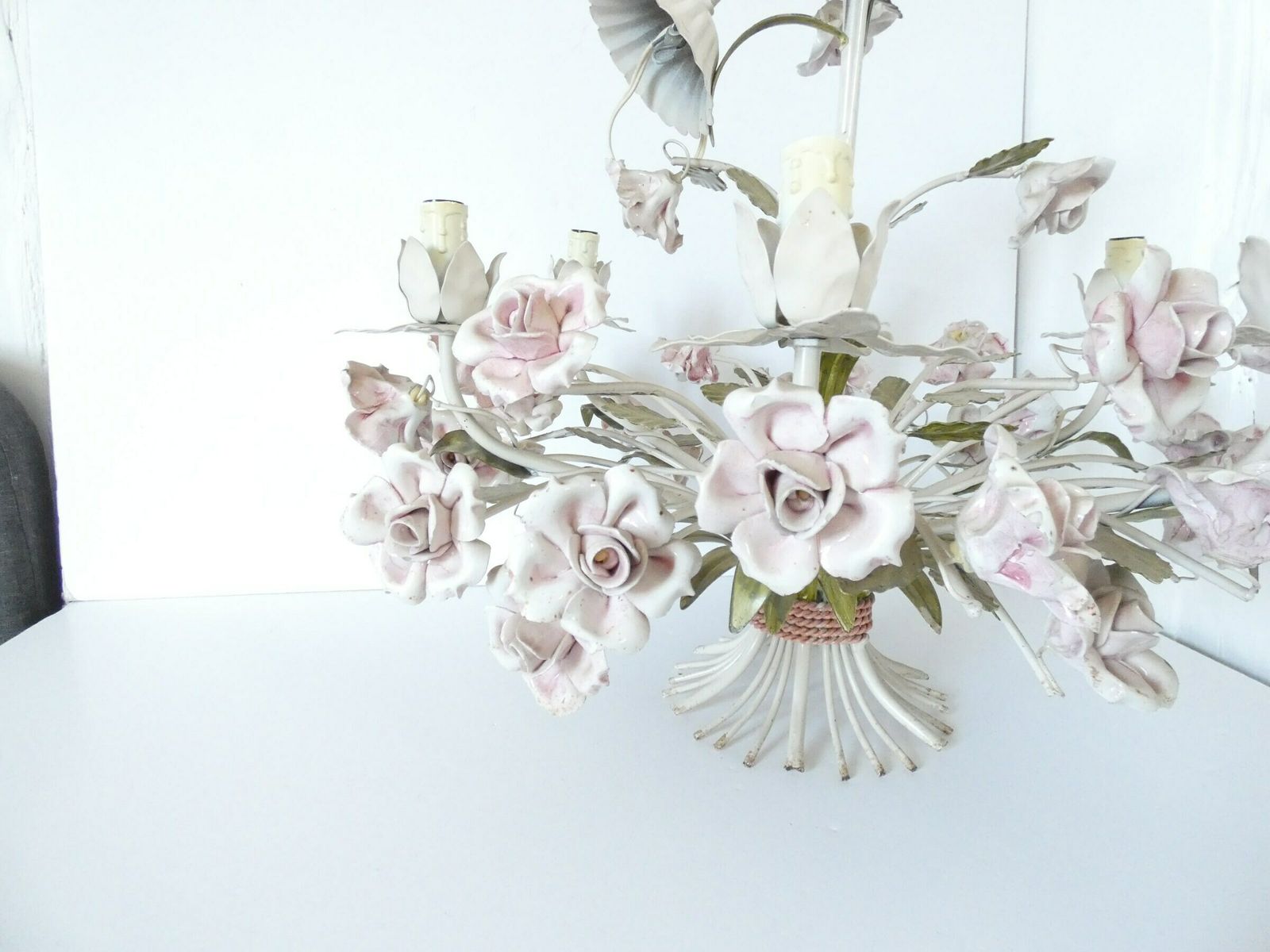 French Vintage Porcelain Rose Chandelier 6 Arms Large photo furniture