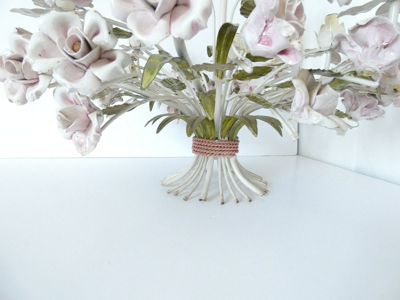 French Vintage Porcelain Rose Chandelier 6 Arms Large photo for sale