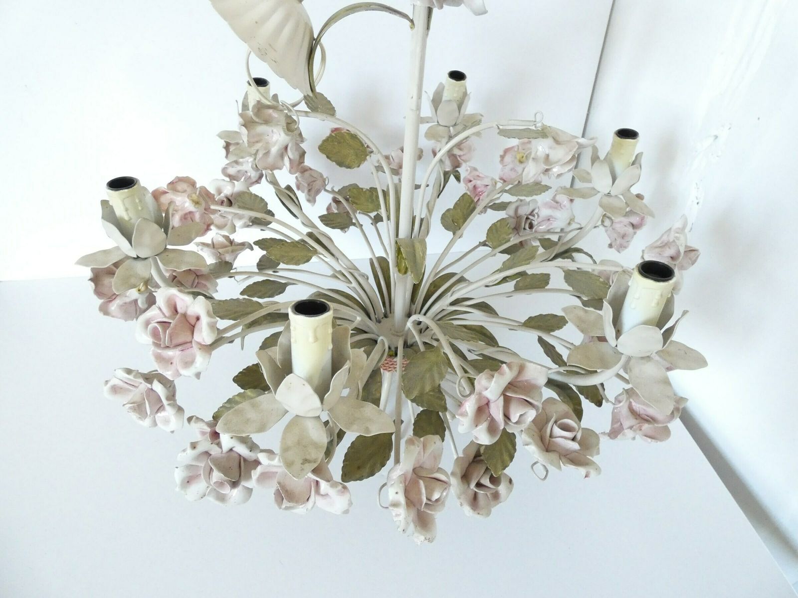 French Vintage Porcelain Rose Chandelier 6 Arms Large photo 1811.0