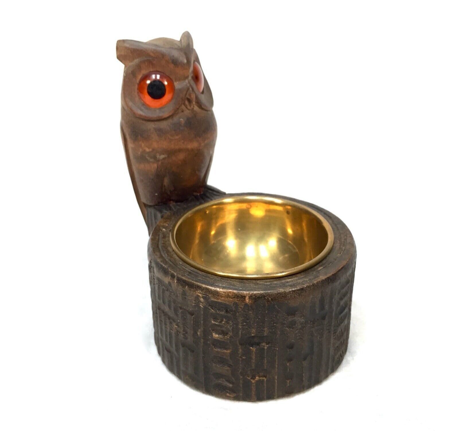 Antique Wooden Carved Owl & Brass Bowl Pin / Trinket Dish / Black Forest Style photo Home Decor