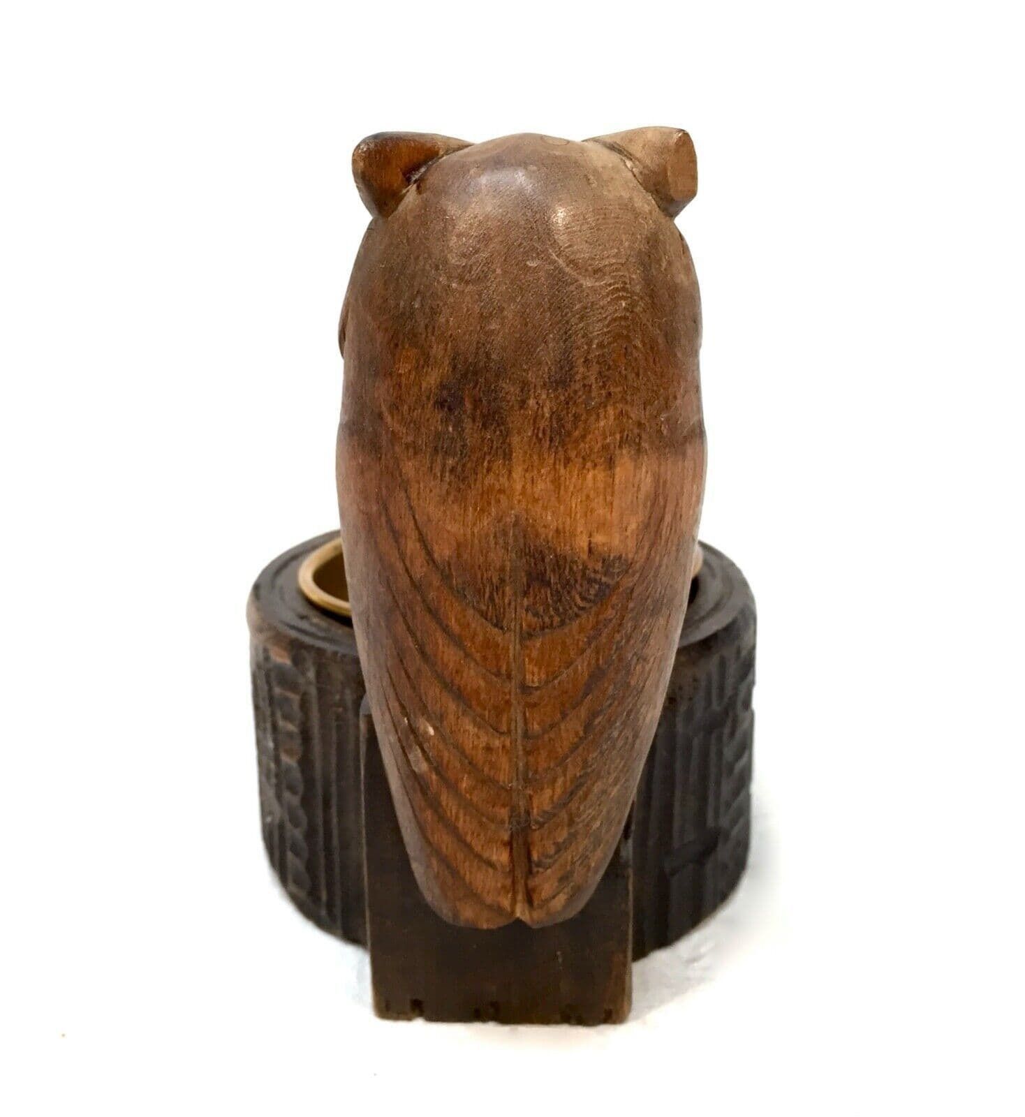 Antique Wooden Carved Owl & Brass Bowl Pin / Trinket Dish / Black Forest Style photo buy