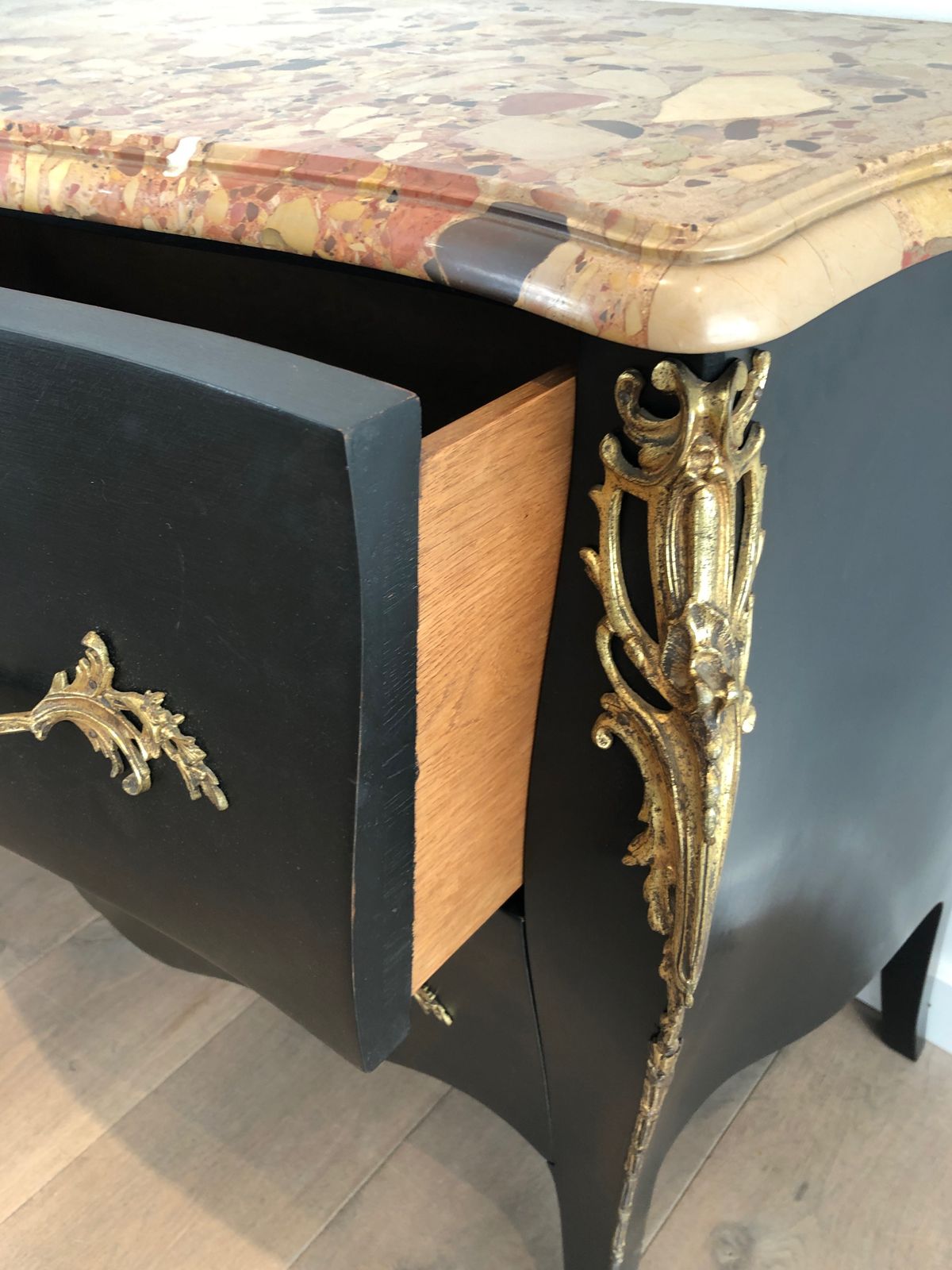 Ebonized Curved Chest Of Drawers Decorated With Bronze Elements Stamped By Beyne Roubaix photo vintage