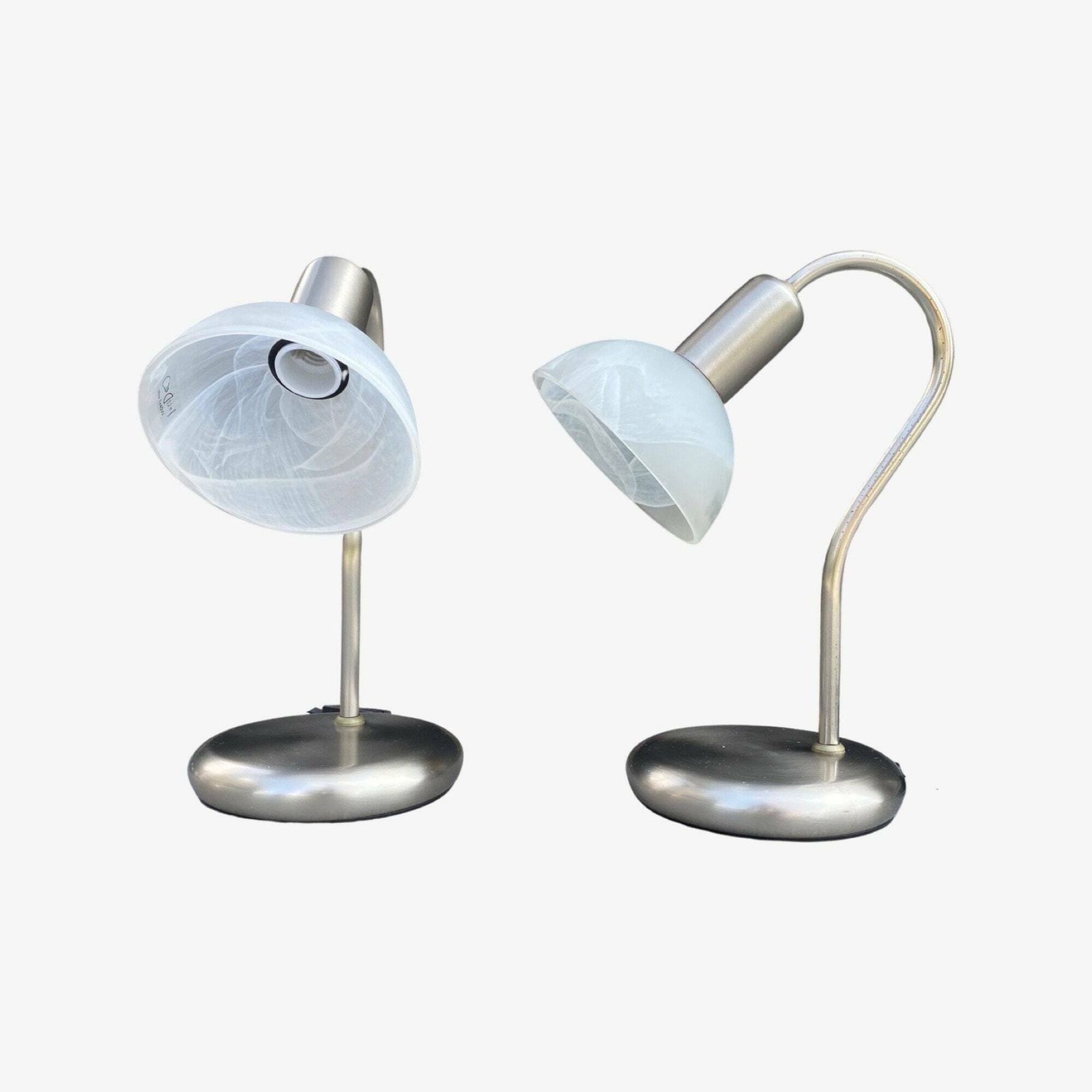 2 Retro Brilliant Night Lights | Brushed Chrome Metal Table Lights With Alabaster Glass Shades | Set Of 2 Mid Century Night Lights 1970s