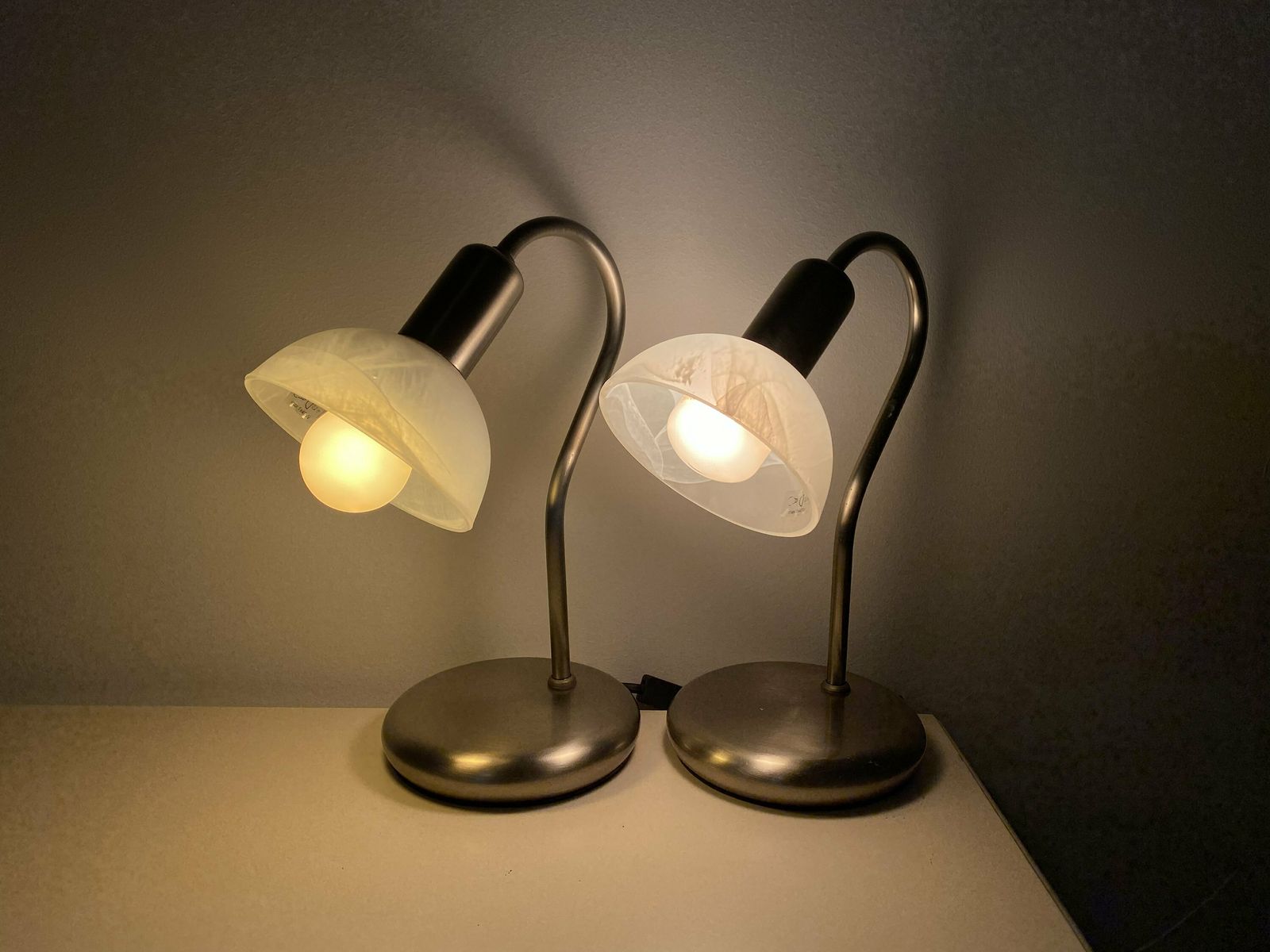 photo for sale 2 Retro Brilliant Night Lights | Brushed Chrome Metal Table Lights With Alabaster Glass Shades | Set Of 2 Mid Century Night Lights 1970s