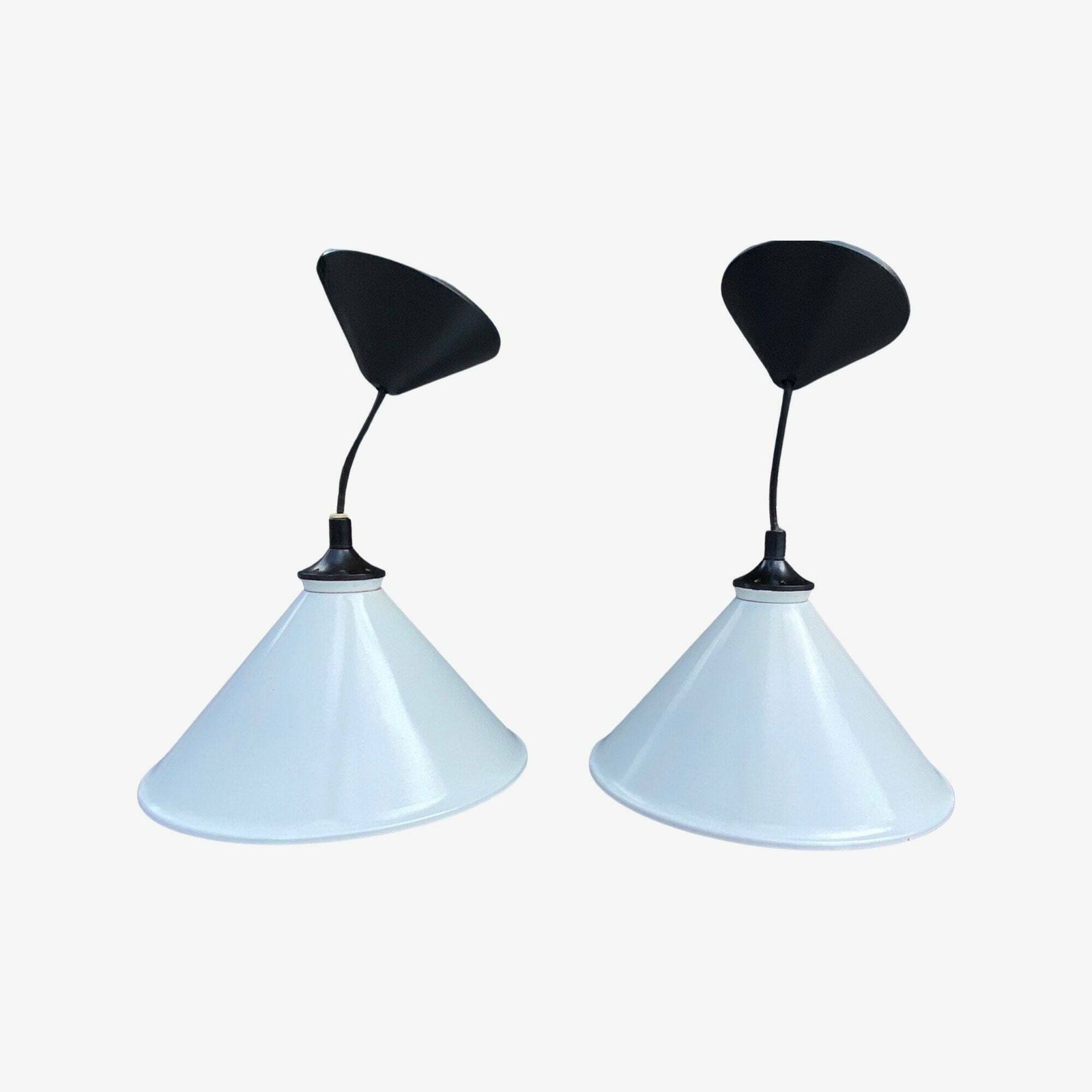 Set Of 2 White Metal Vintage Pendant Lights | Mid Century Modern Lighting | Industrial Vintage Pendants 1960s, 1970s | Dutch Design