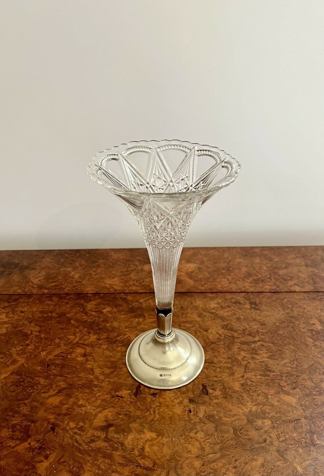 Fine Quality Edwardian Cut Glass And Silver Plated Fluted Spill Vase photo for sale
