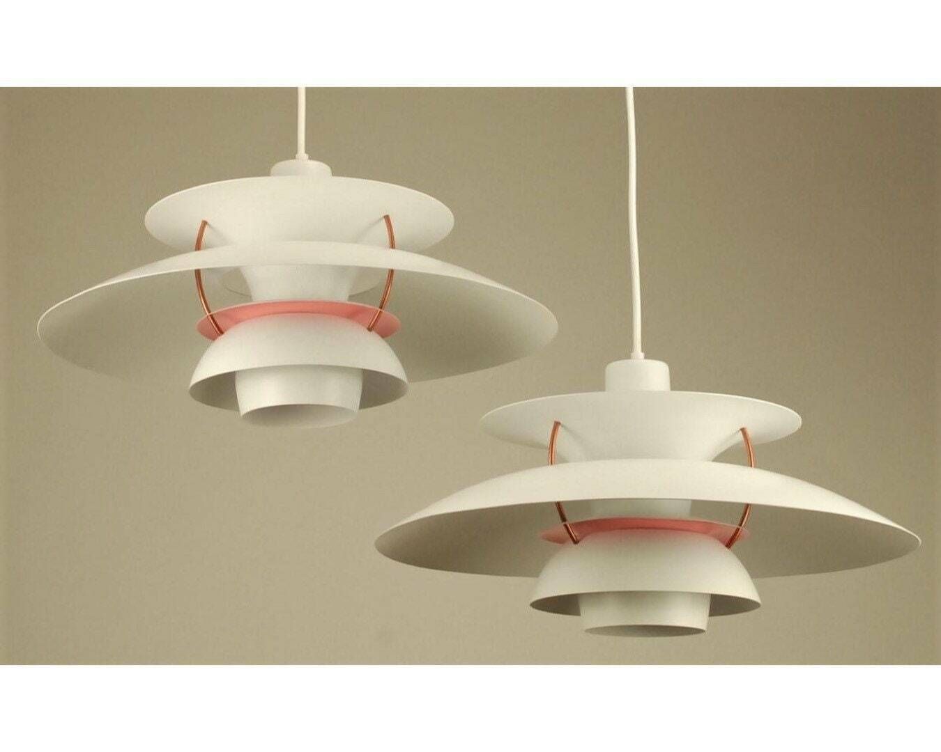 Set Of 2 Louis Poulsen Pendant Lights 1970s | Color: Off White With Pink Anti Glare Rings And Copper Spacers
