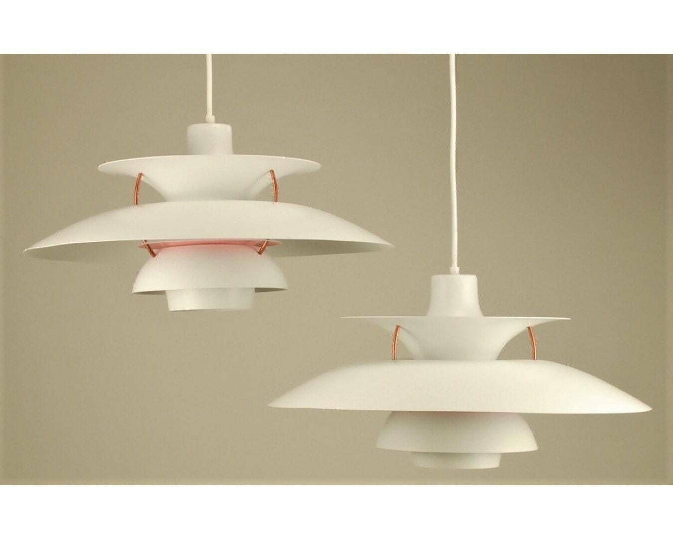 Set Of 2 Louis Poulsen Pendant Lights 1970s | Color: Off White With Pink Anti Glare Rings And Copper Spacers photo for sale
