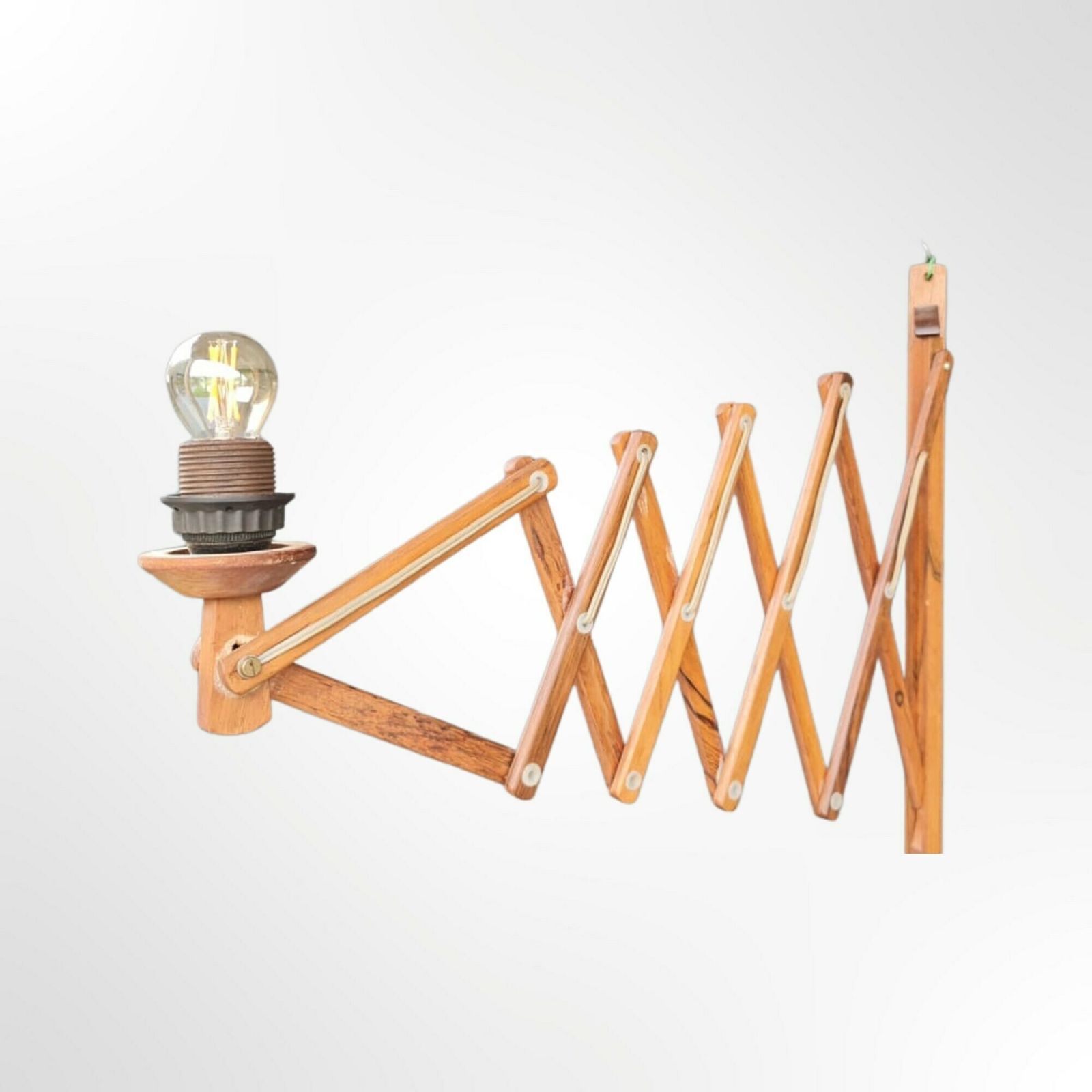 Large Midcentury Teak Wood Scissor Lamp | Made In Denmark | Solid Teak Wood Vintage Wall Lamp | Scandinavian Mid Century Modern Lighting 50s photo vinterior