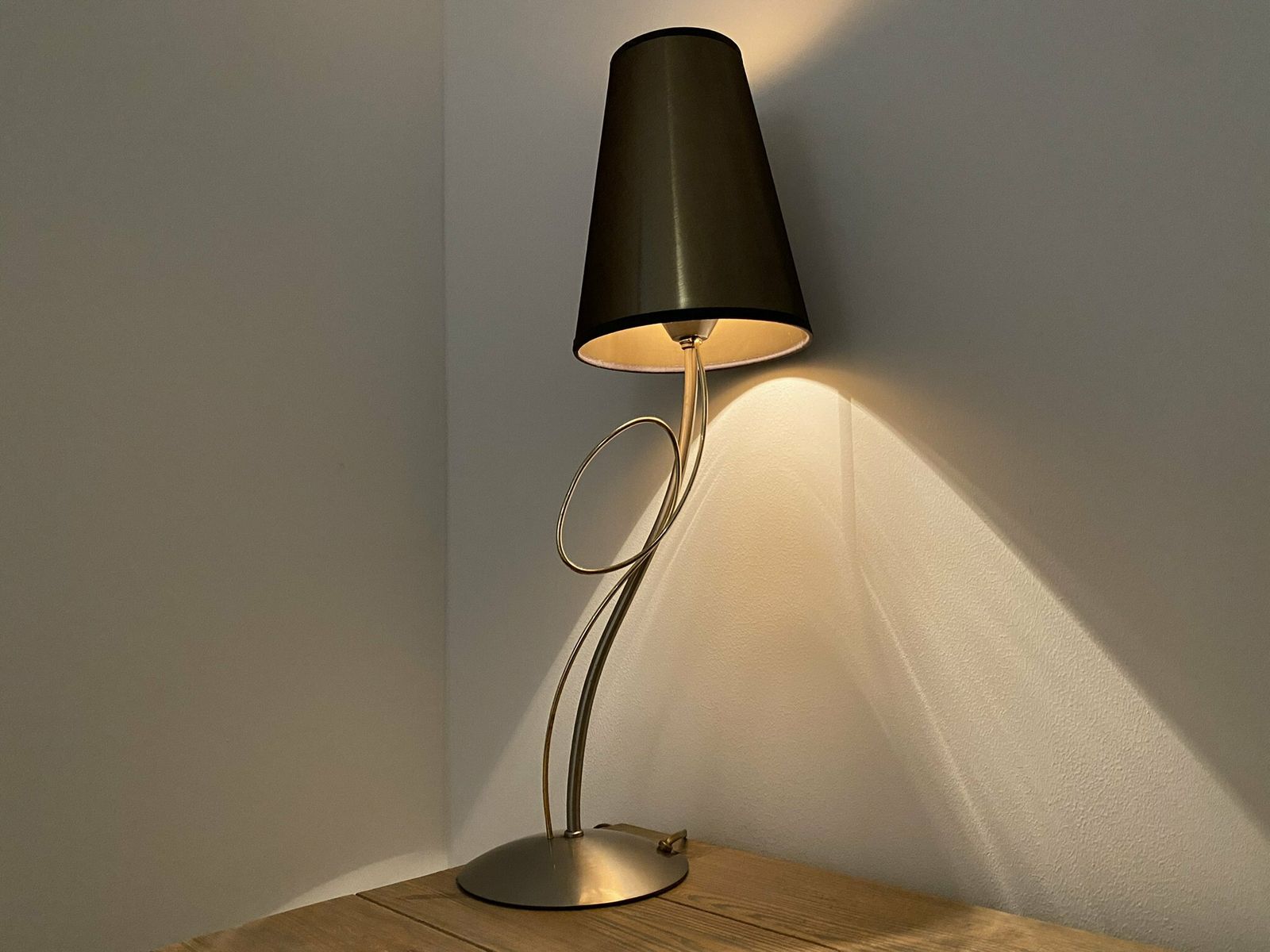 Vintage Desk Lamp | Massive Belgium Designer Table Lamp, Desk Lamp, Night Light | Mid Century Modern | Silver Steel & Brass Base With Shade photo for sale