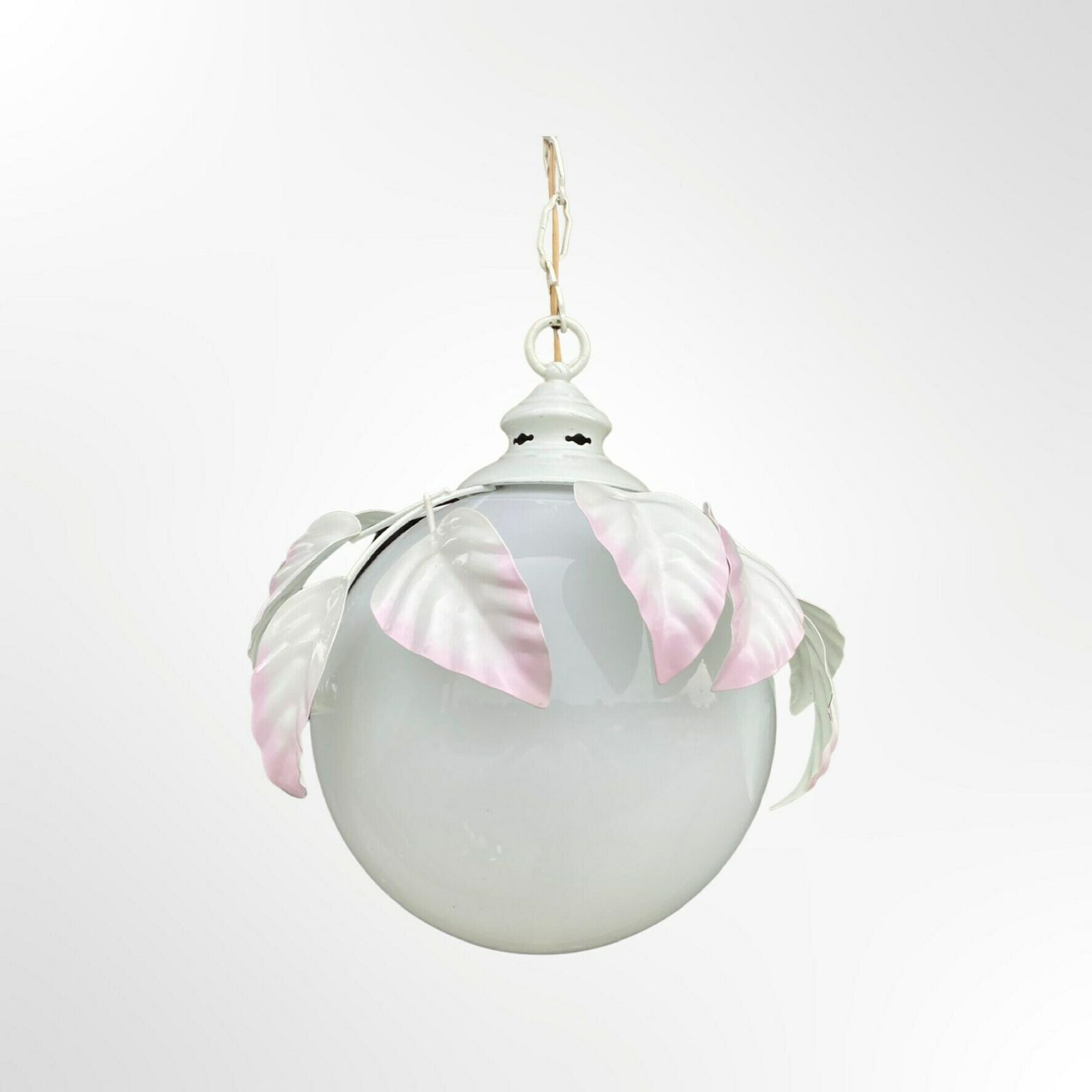 Vintage Milk Glass Globe Pendant Light   Hollywood Regency Style Lamp With White Metal Leafs   Vintage Ceiling Lamp